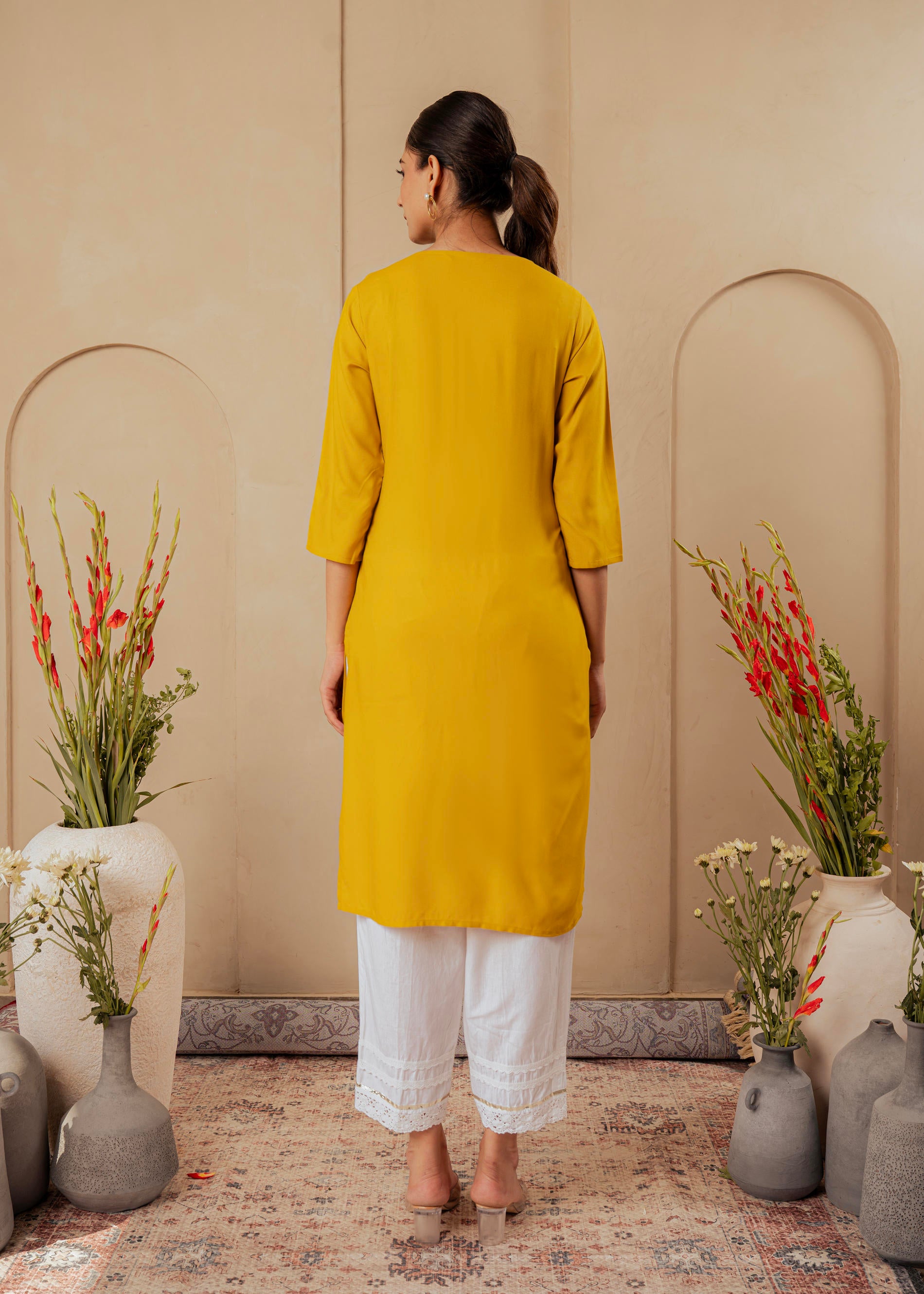 Mustard Embroidered Viscose Kurta