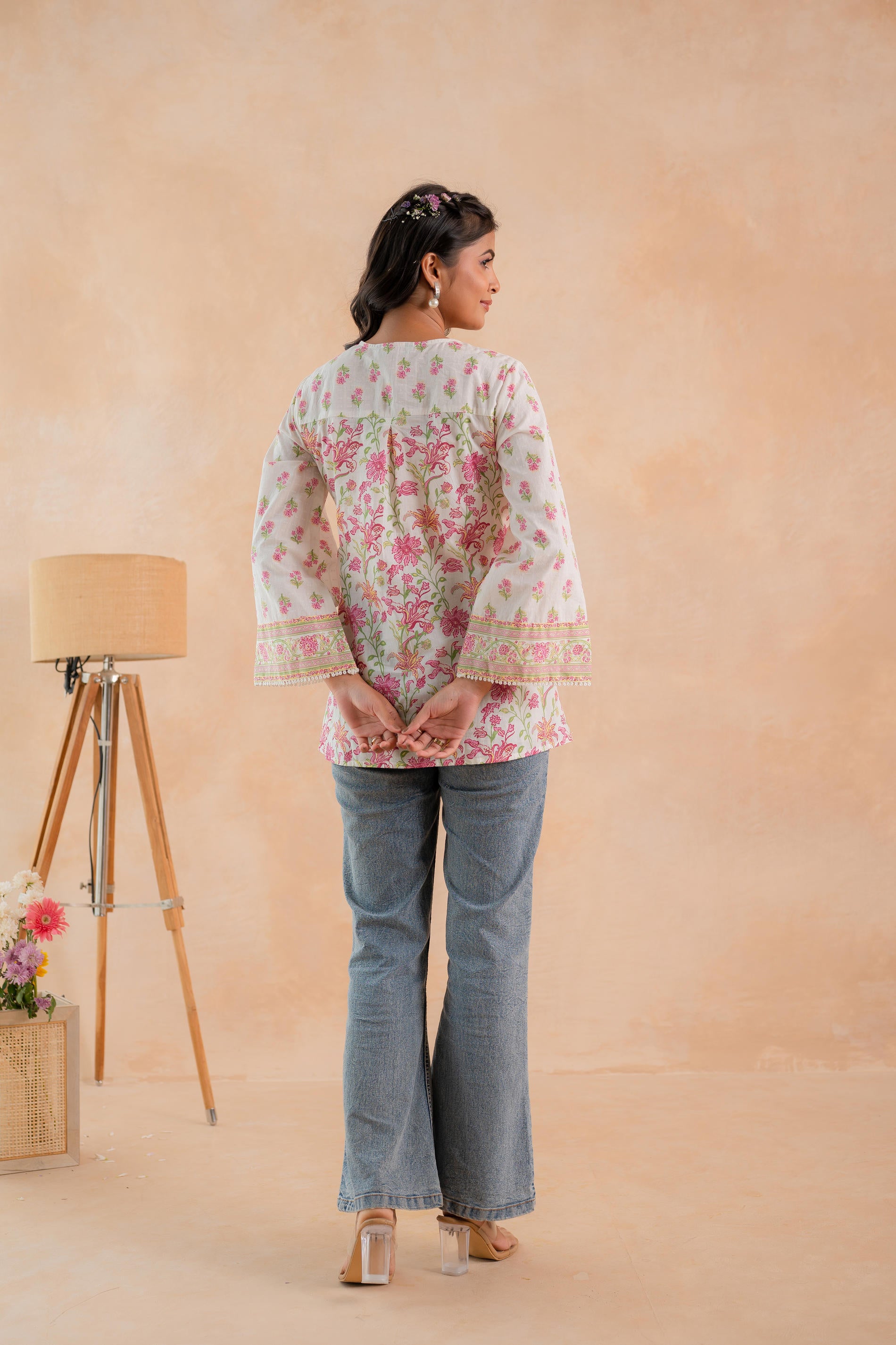 Off-White & Pink Floral Printed Gathered Ethnic Tunic with Lace Yoke