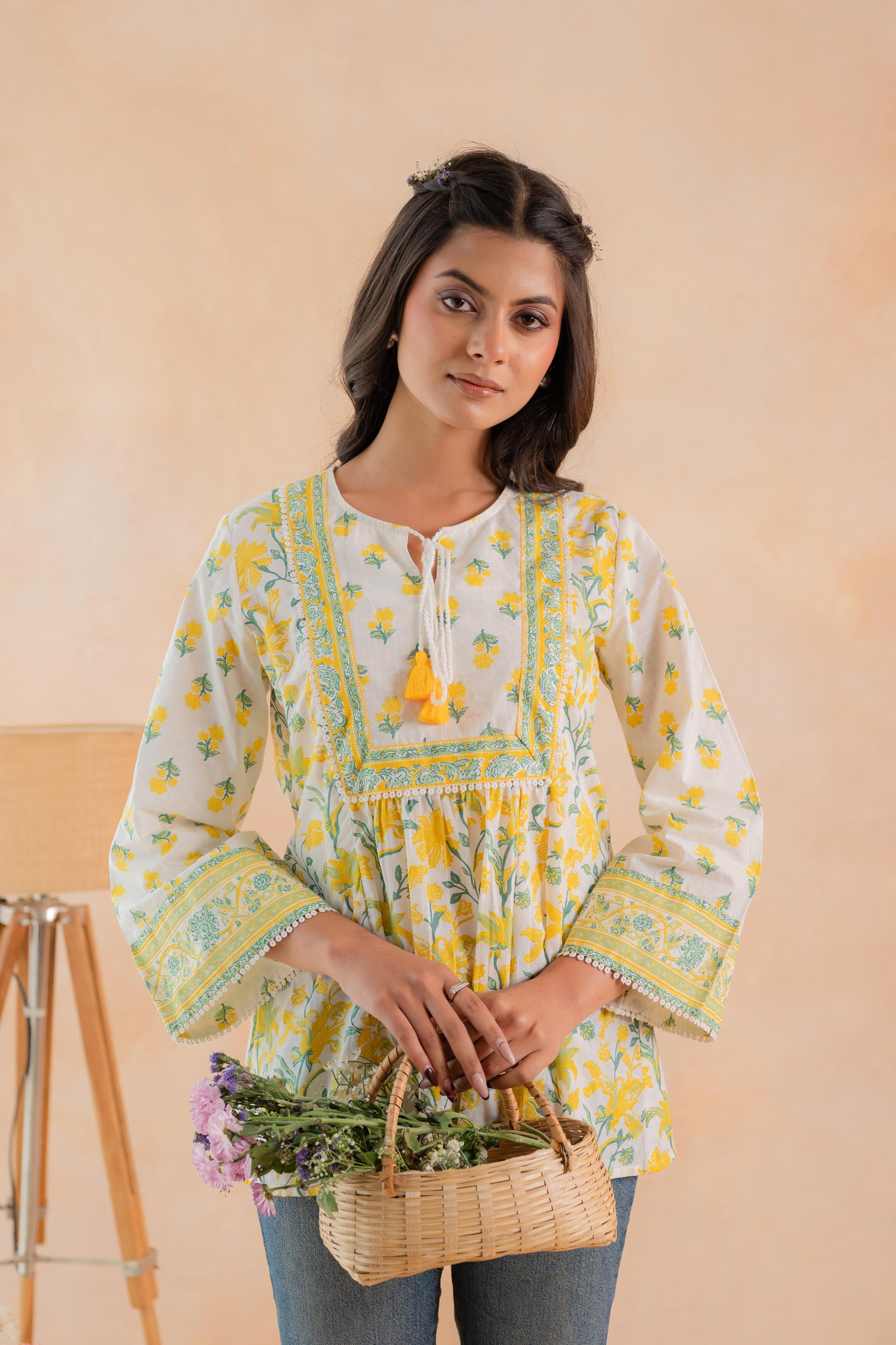 Off-White & Yellow Floral Printed Gathered Ethnic Tunic with Lace Yoke