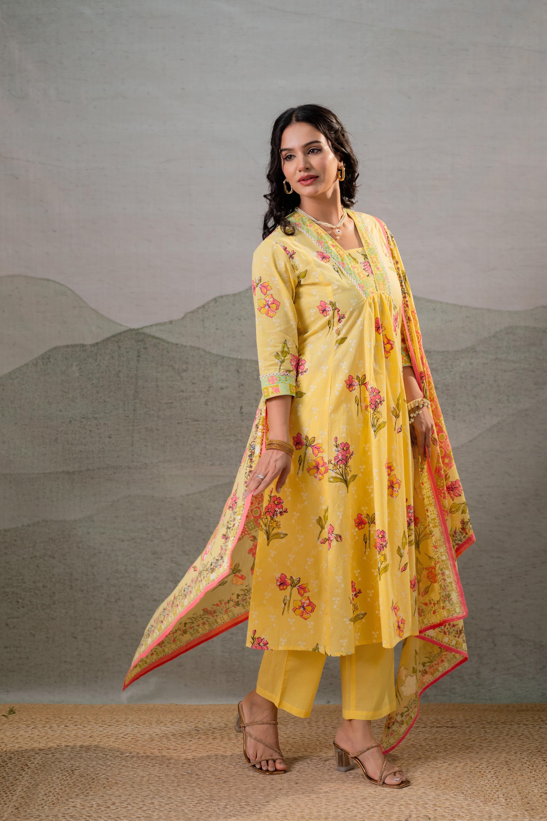 Bloom Veil Floral Anarkali Kurta Pant And Dupatta Set