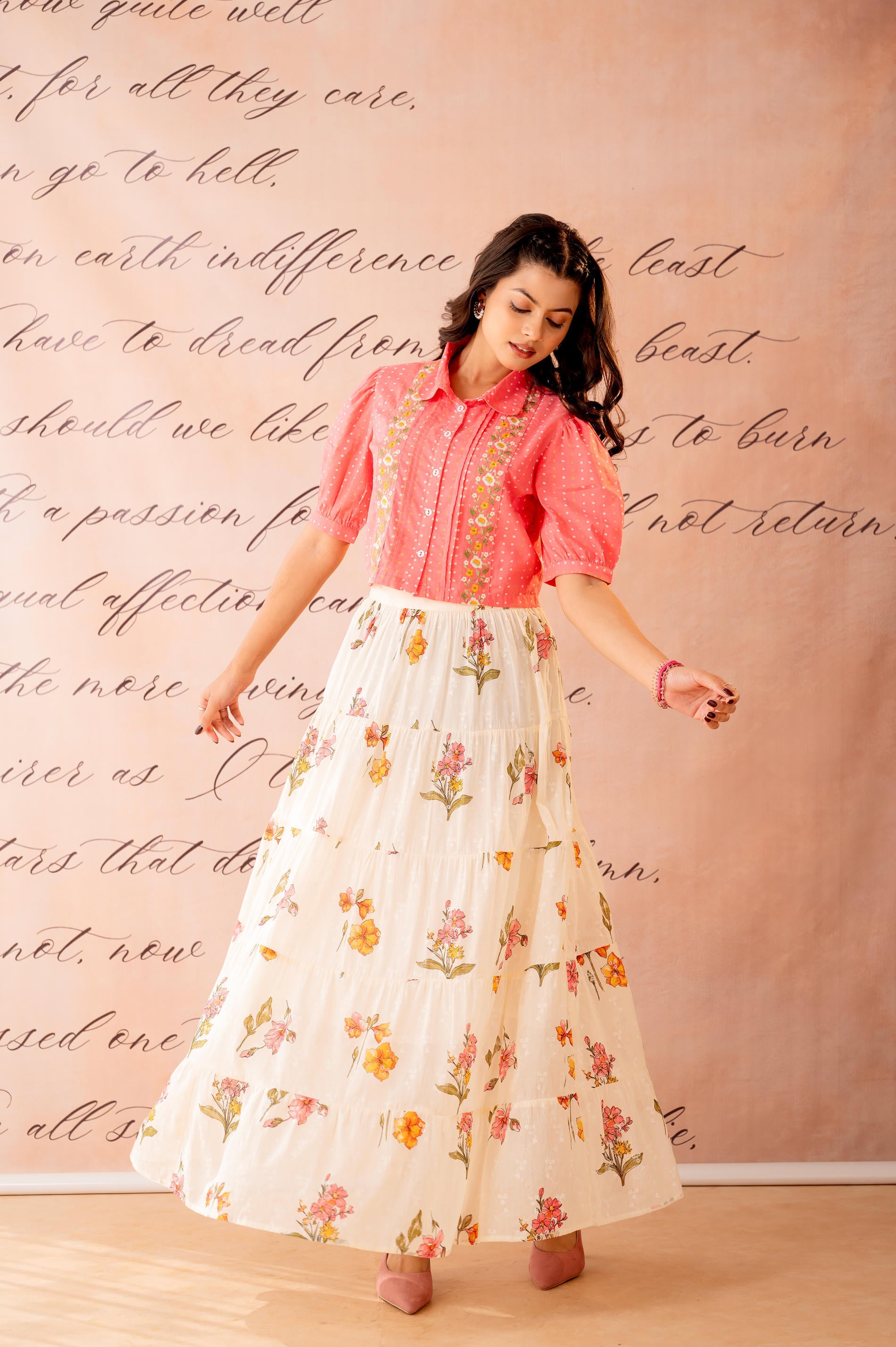 Peach Bloom Tiered Top With Skirt Set