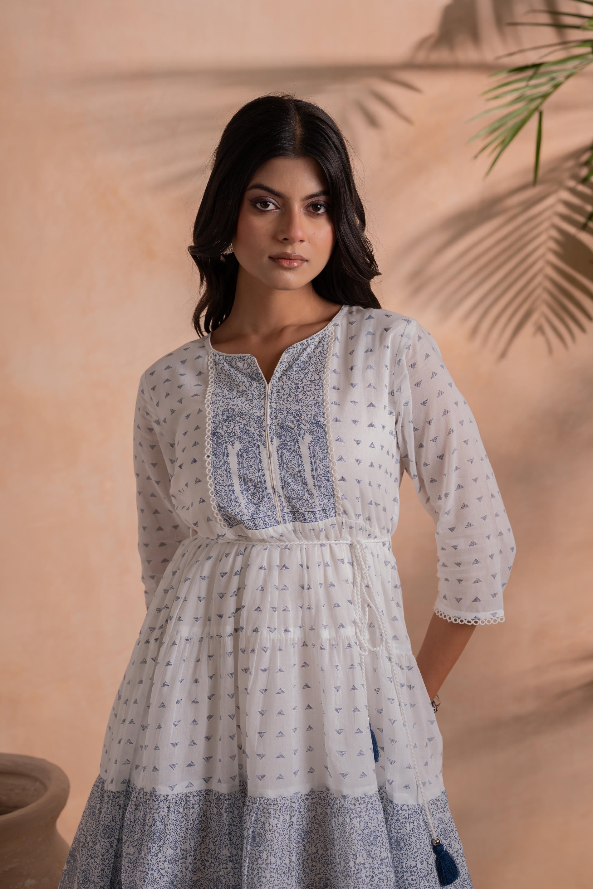 White Printed Tiered Dress with Tassel Detail