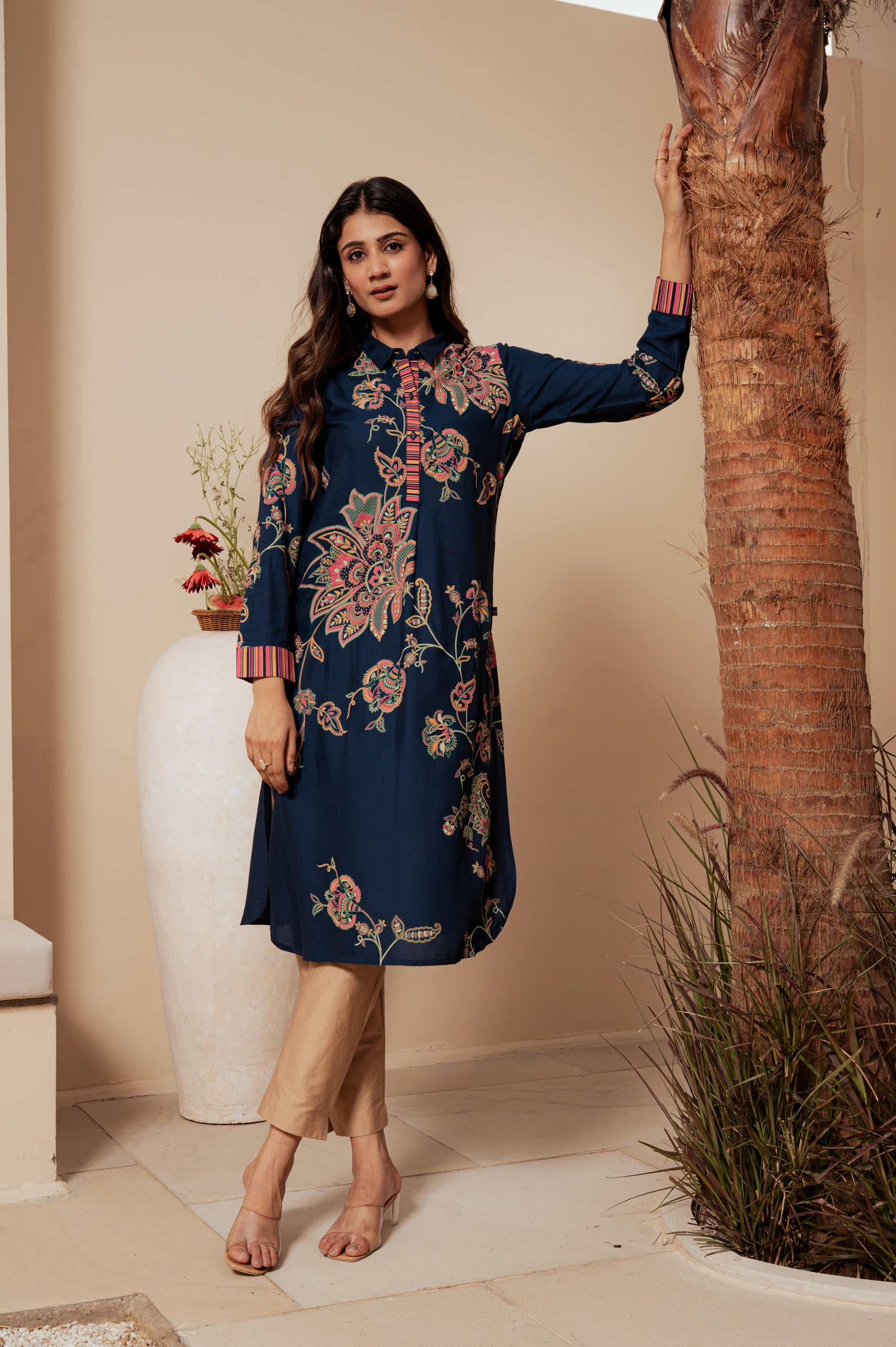 Midnight Blue Floral Printed Viscose Kurta with Button Detailing