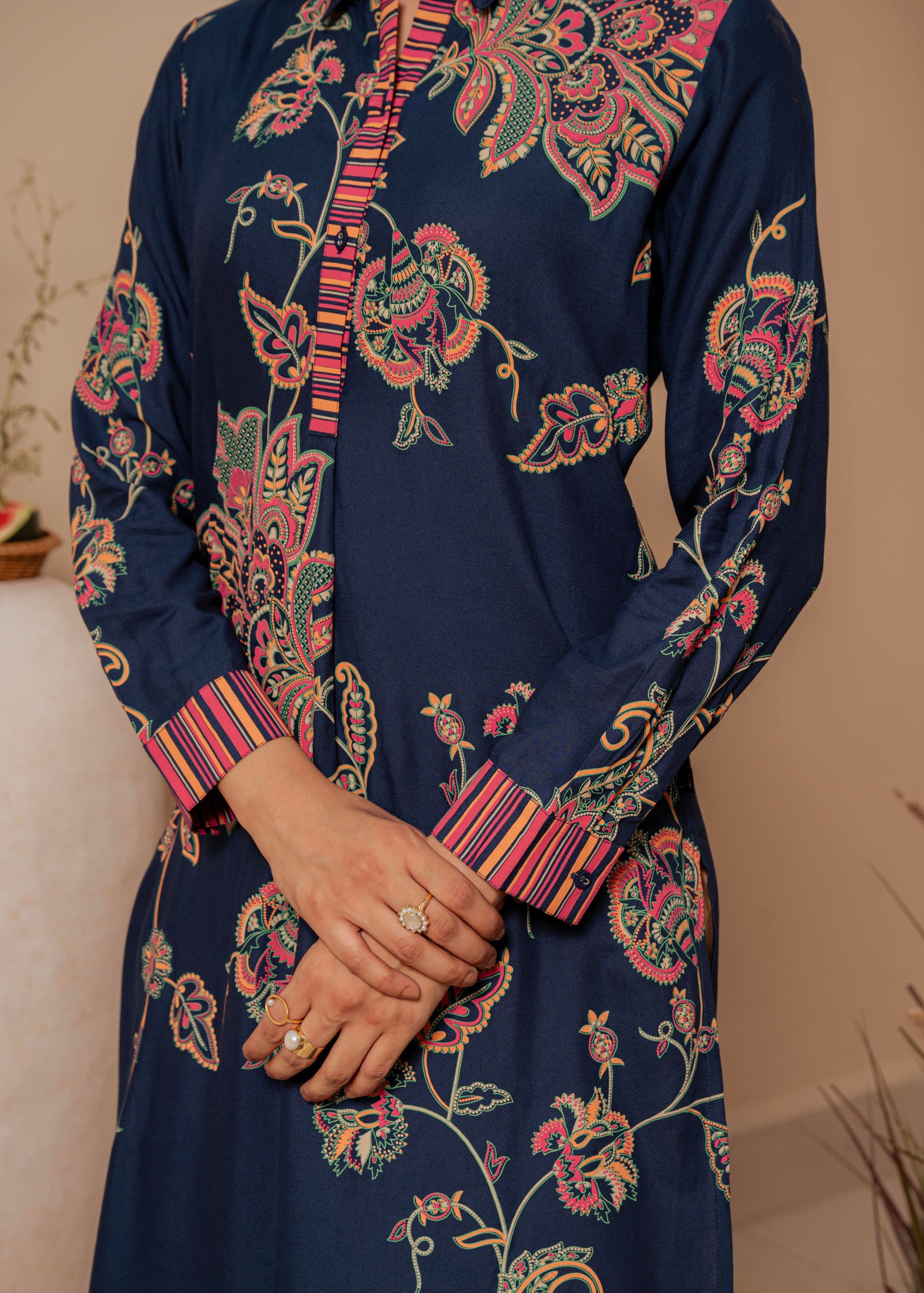 Midnight Blue Floral Printed Viscose Kurta with Button Detailing