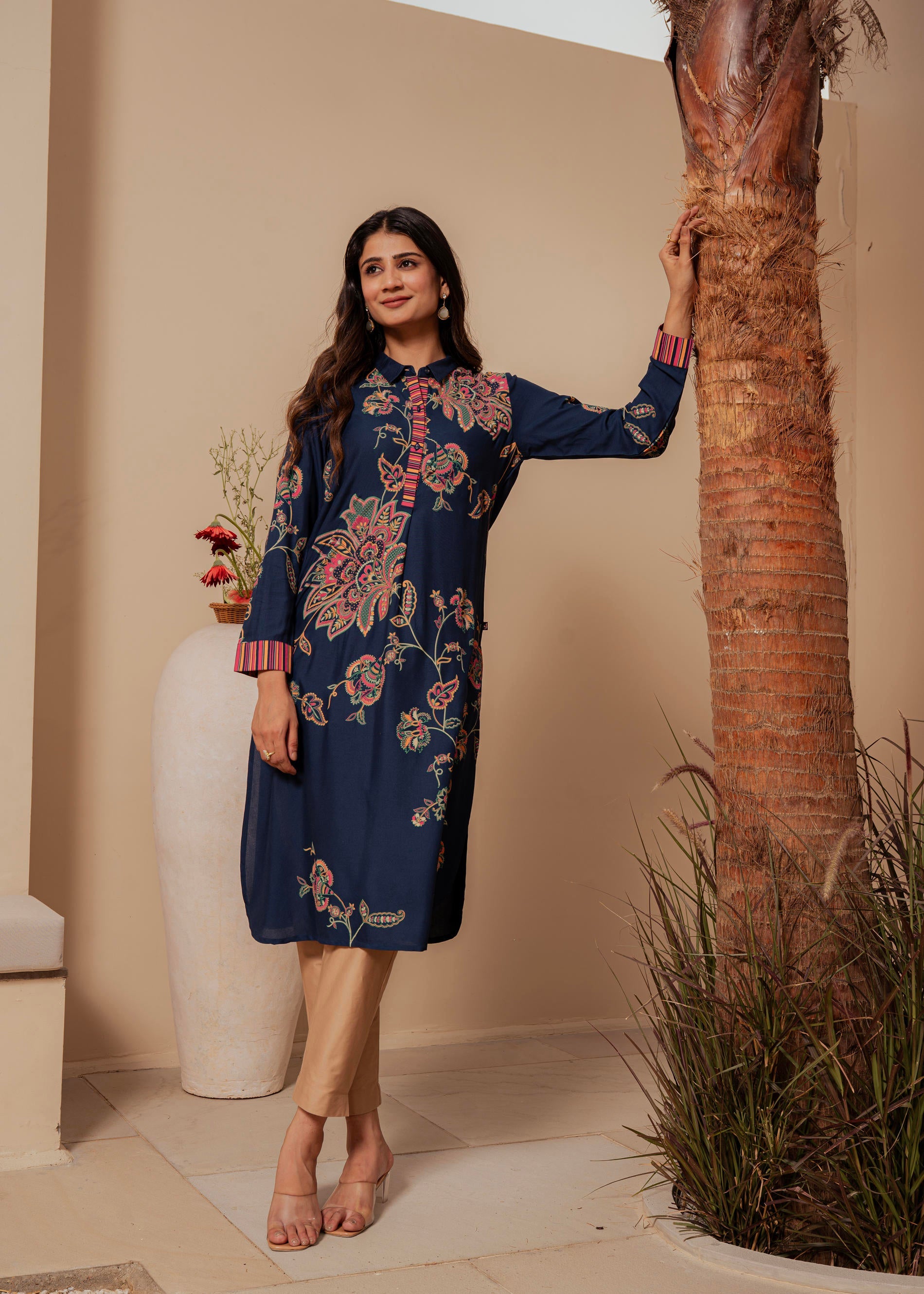 Midnight Blue Floral Printed Viscose Kurta with Button Detailing