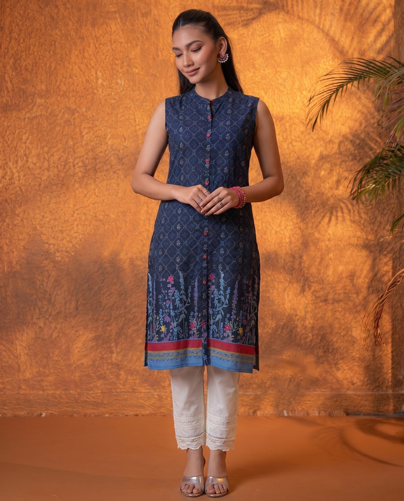 Indigo Floral Buti Printed Viscose Kurta
