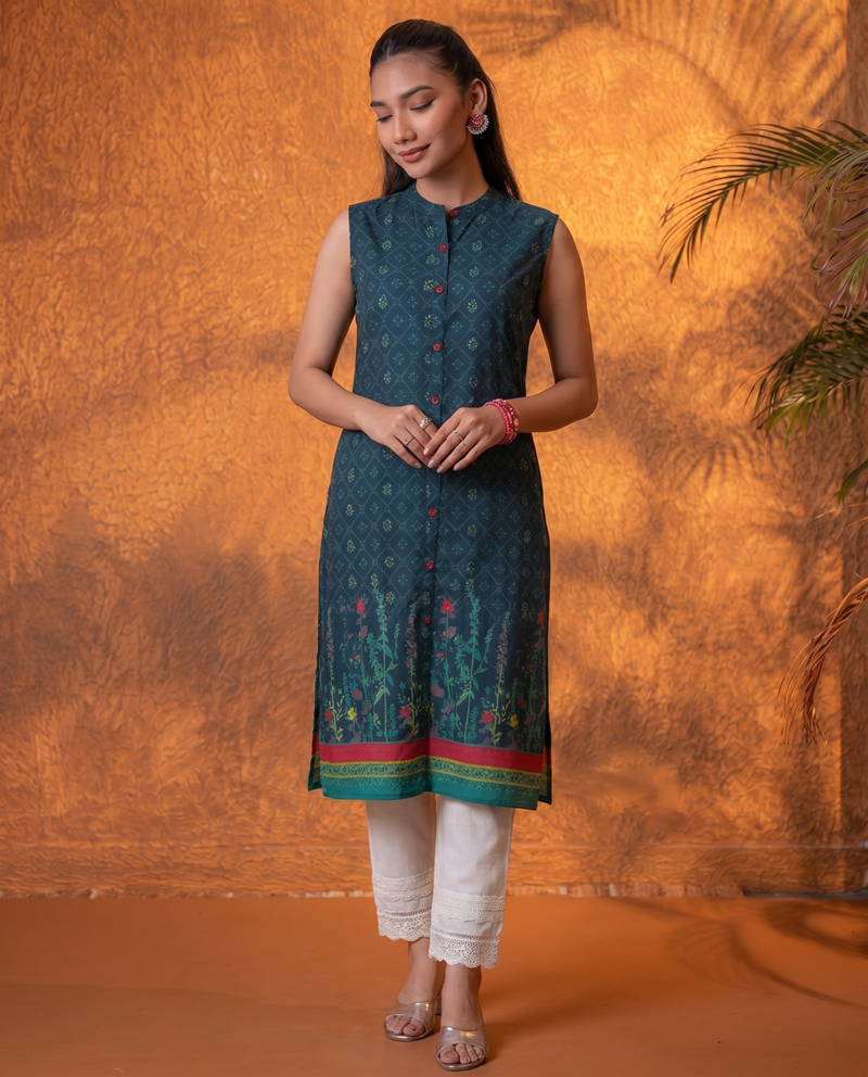 Indigo Floral Buti Printed Viscose Kurta