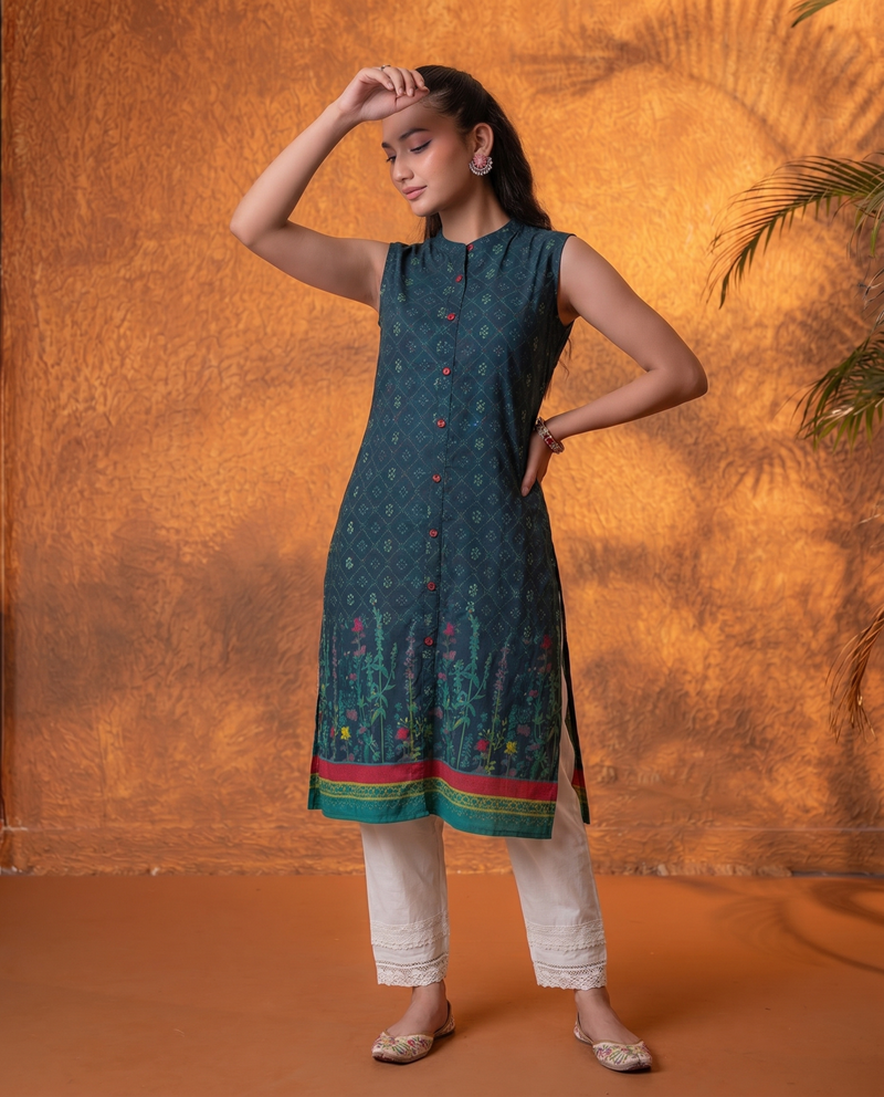 Indigo Floral Buti Printed Viscose Kurta