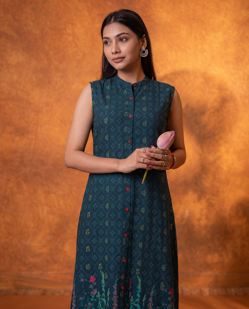 Indigo Floral Buti Printed Viscose Kurta