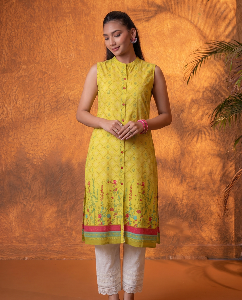 Mustard Floral Buta Printed Viscose Kurta