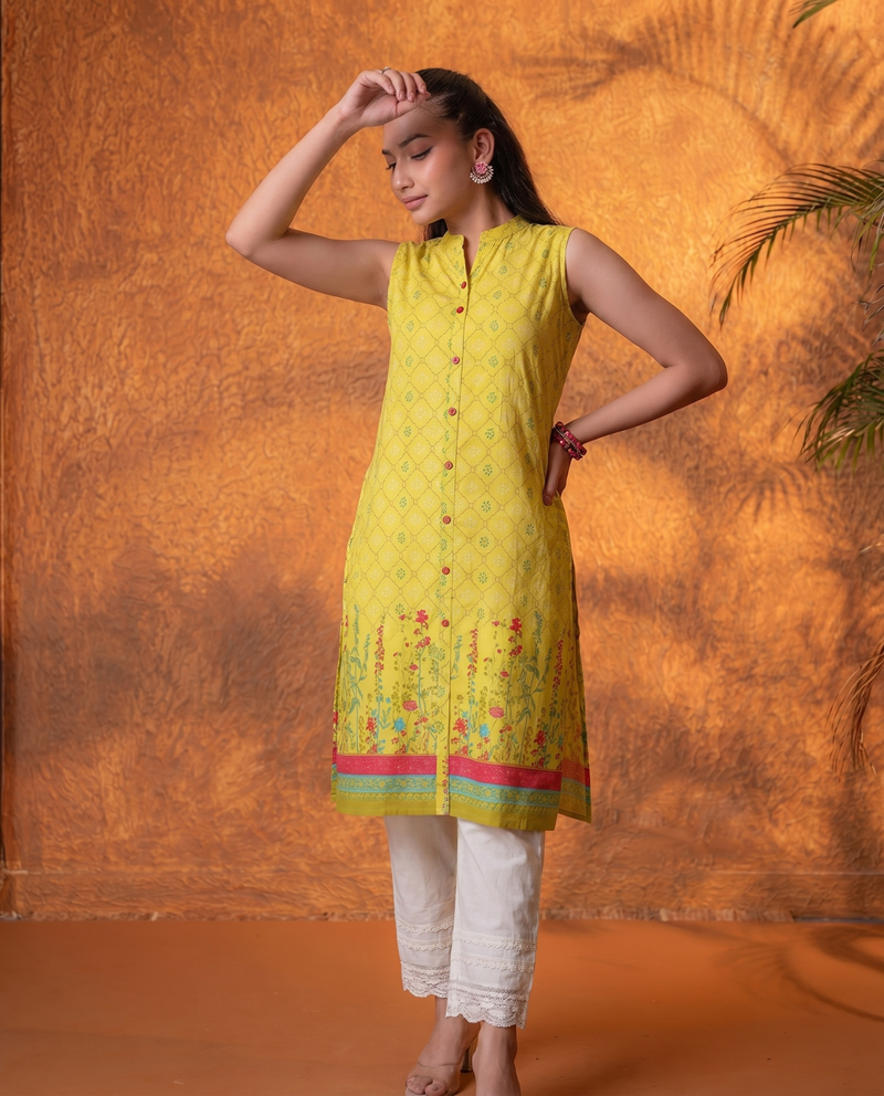 Mustard Floral Buta Printed Viscose Kurta