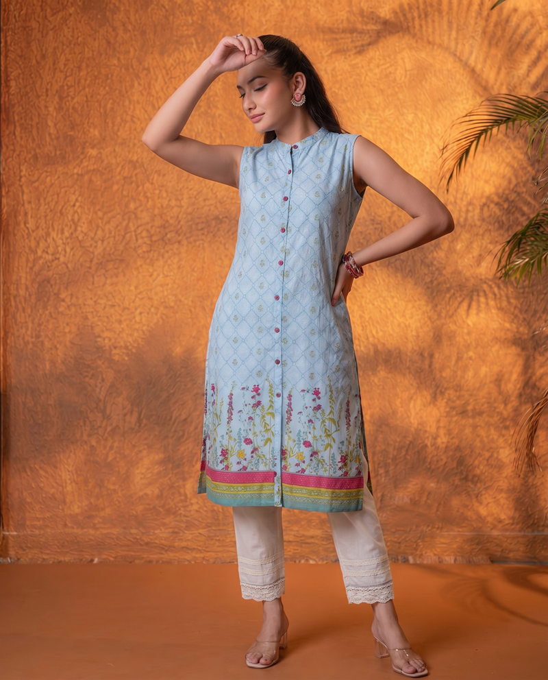 Sky Blue Floral Buti Printed Viscose Kurta