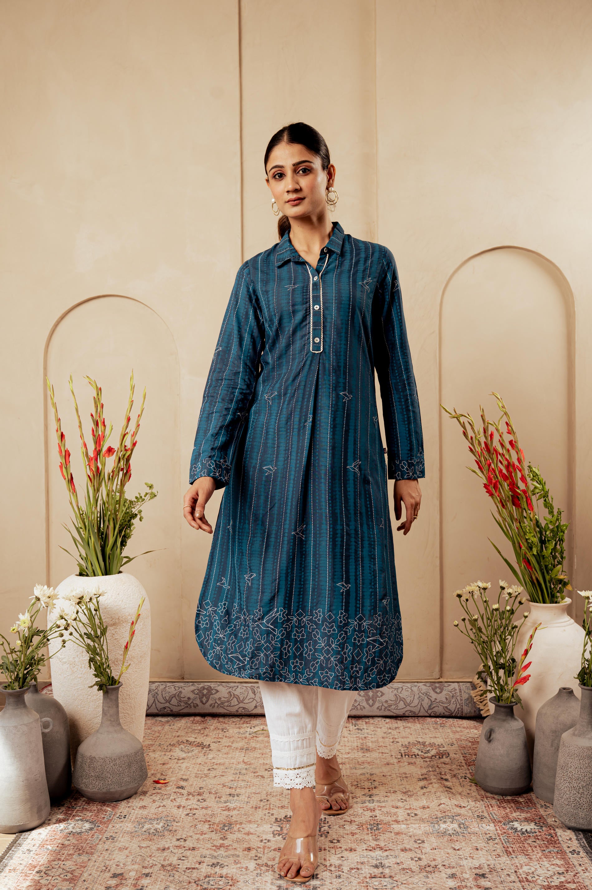 Midnight Blue Striped Viscose A-Line Kurta with Button & Lace Detailing