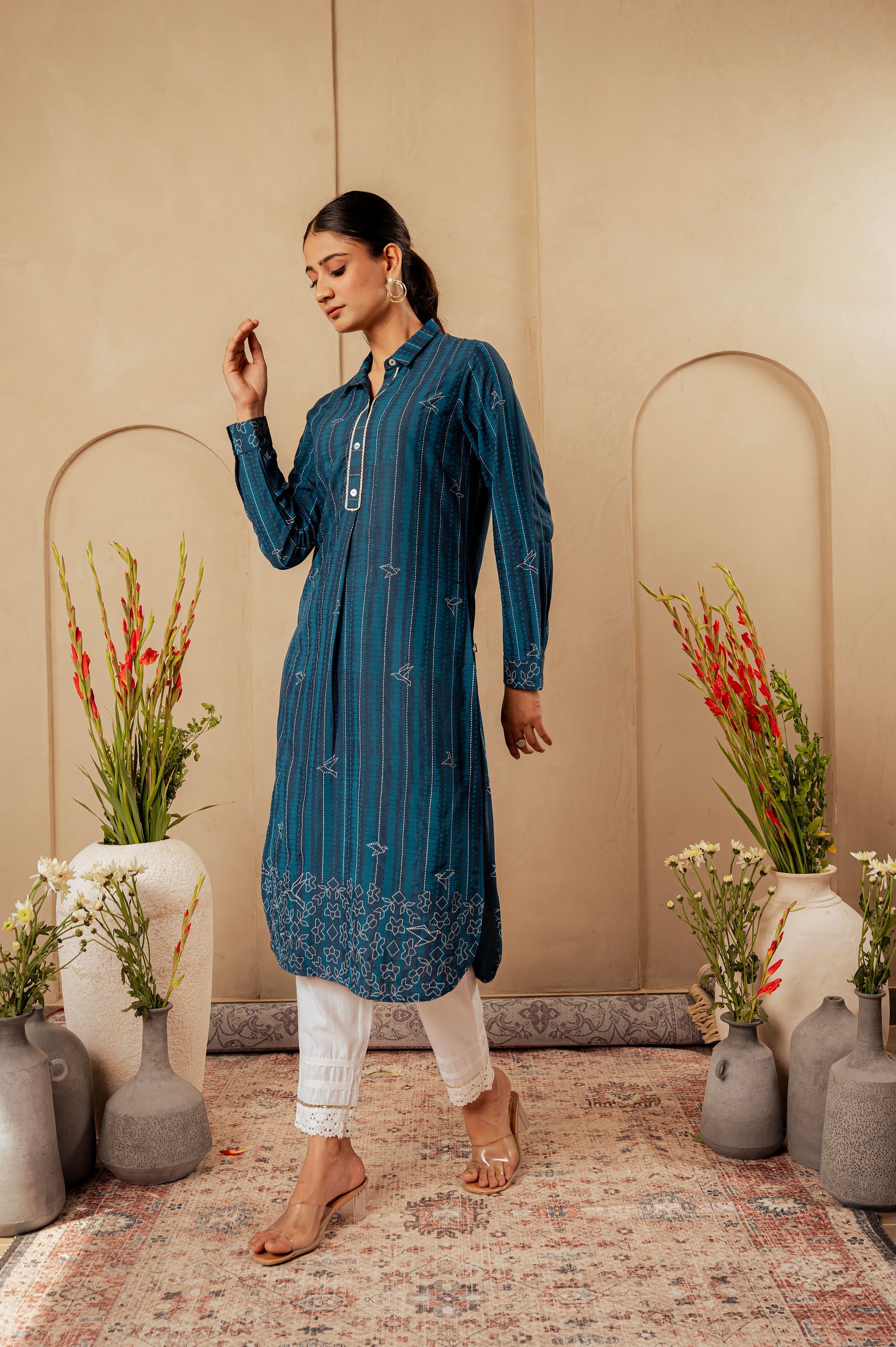 Midnight Blue Striped Viscose A-Line Kurta with Button & Lace Detailing