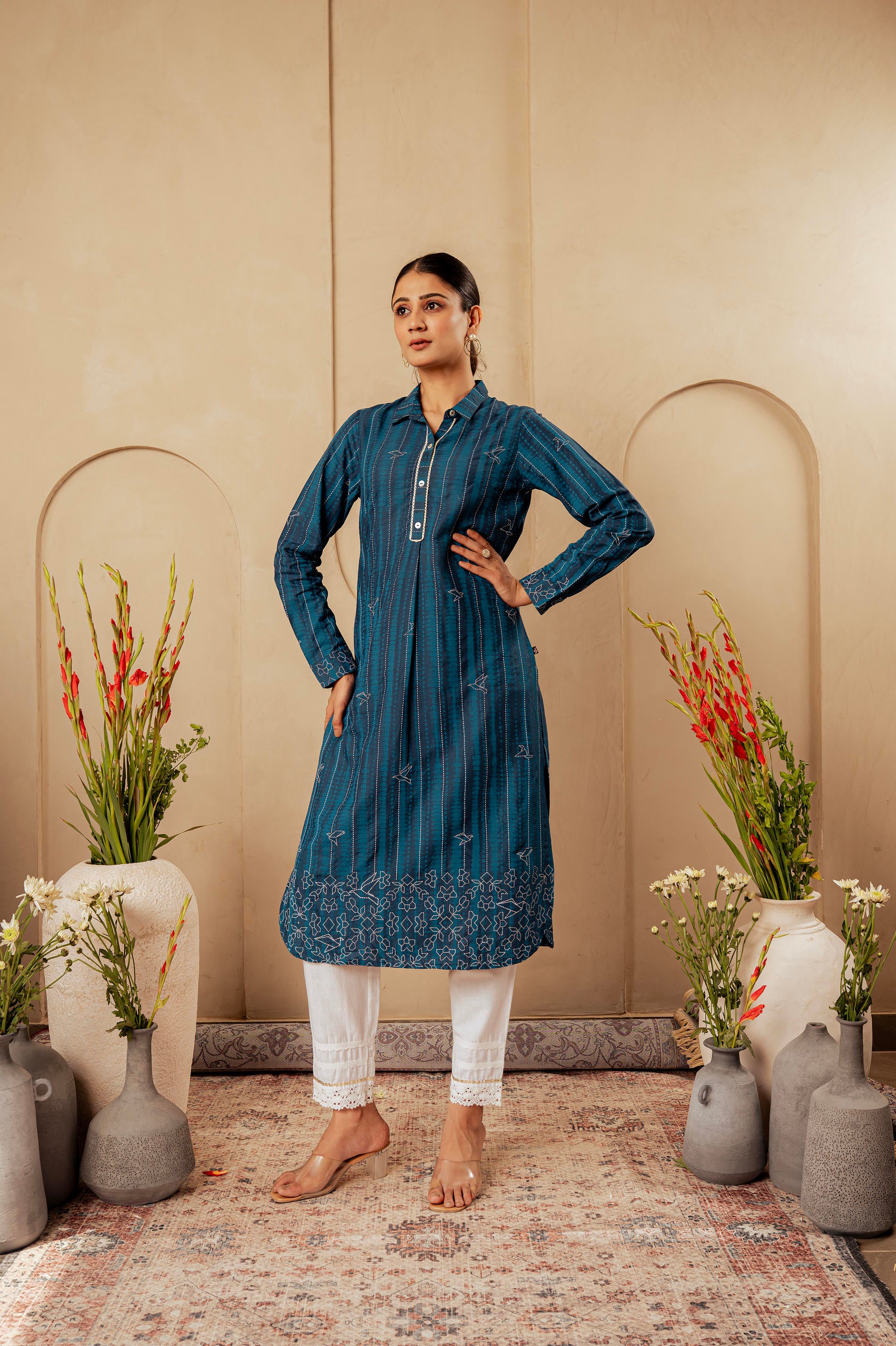 Midnight Blue Striped Viscose A-Line Kurta with Button & Lace Detailing