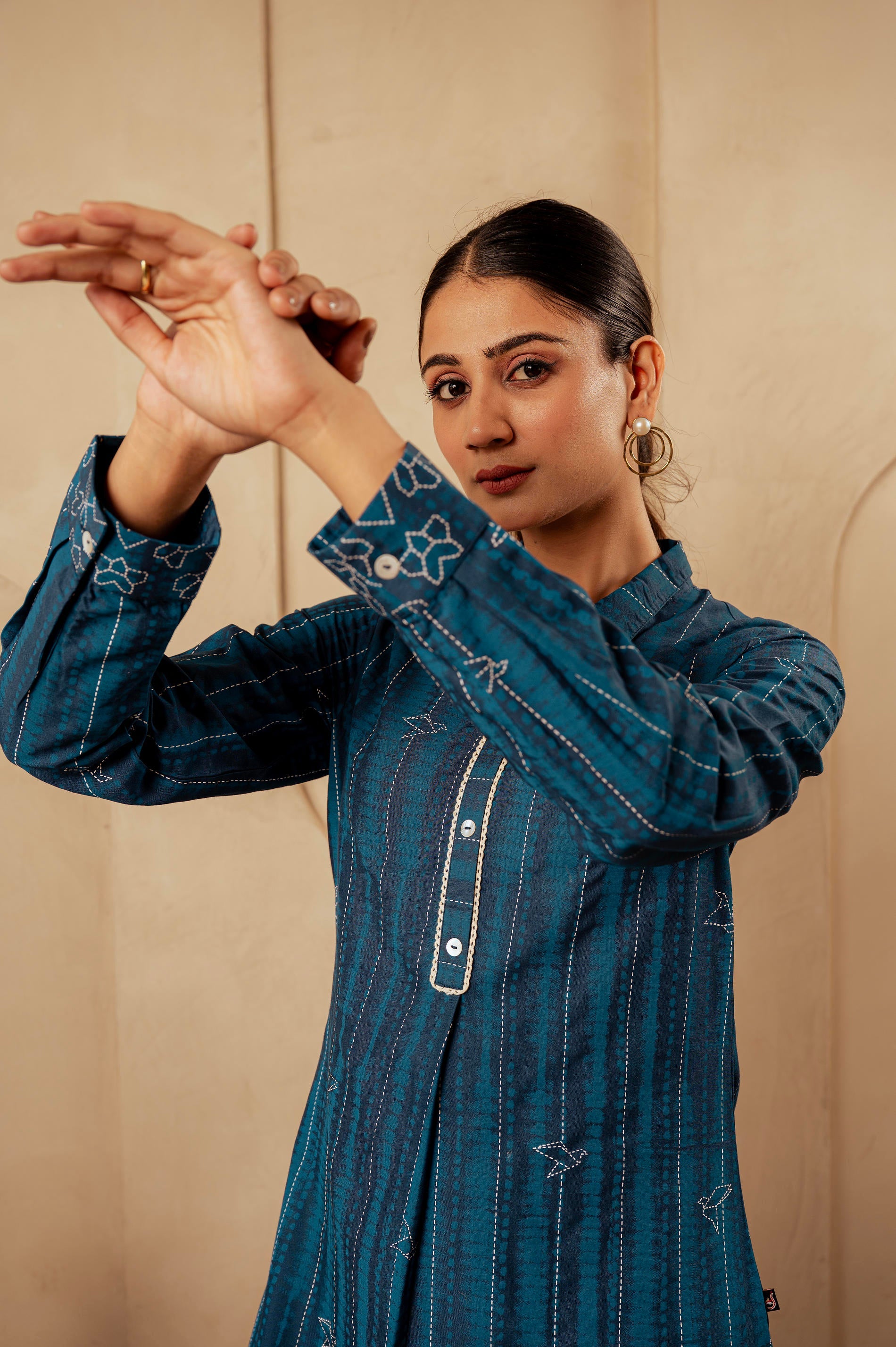 Midnight Blue Striped Viscose A-Line Kurta with Button & Lace Detailing