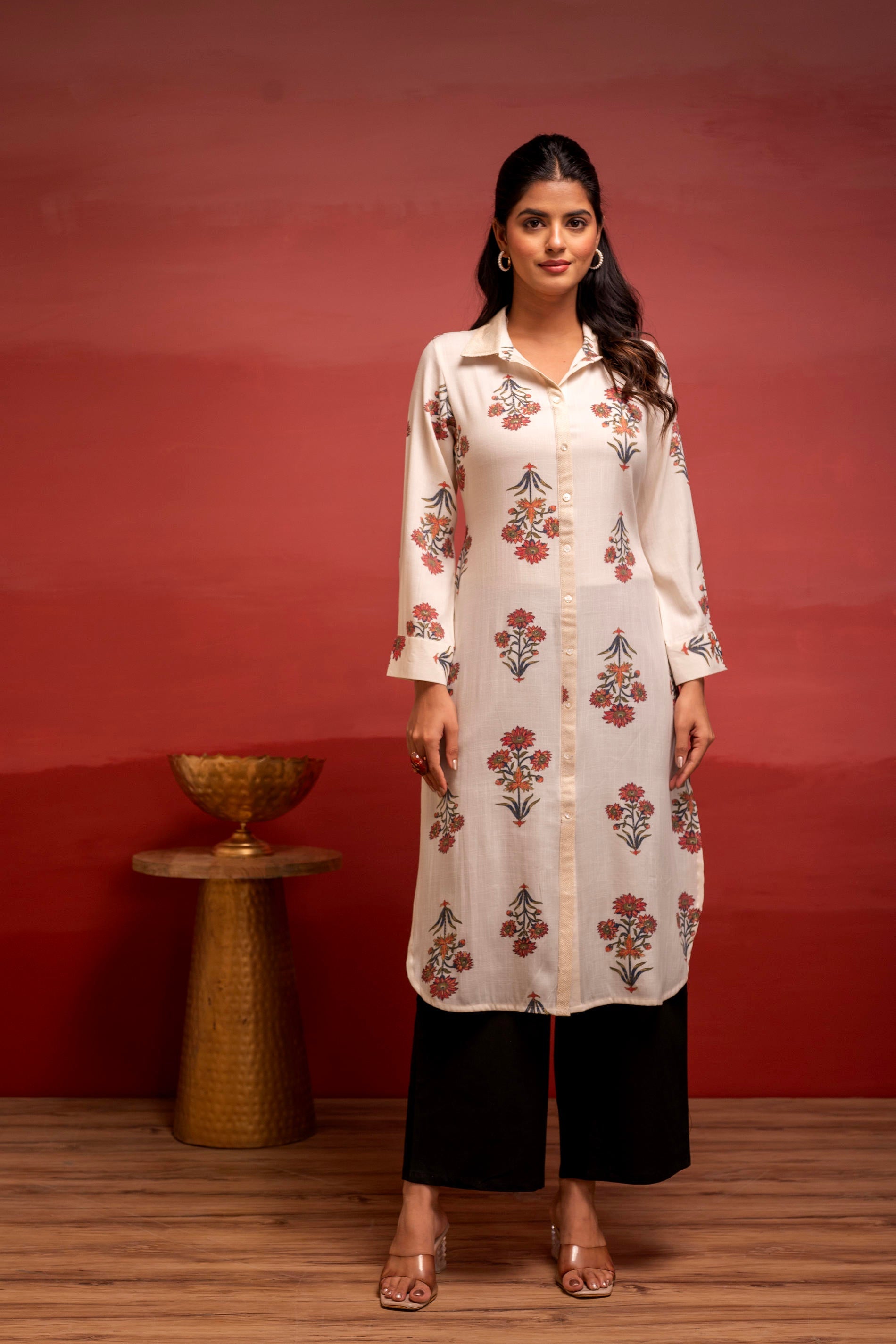 White Floral Printed Viscose Kurta with Button Detailing