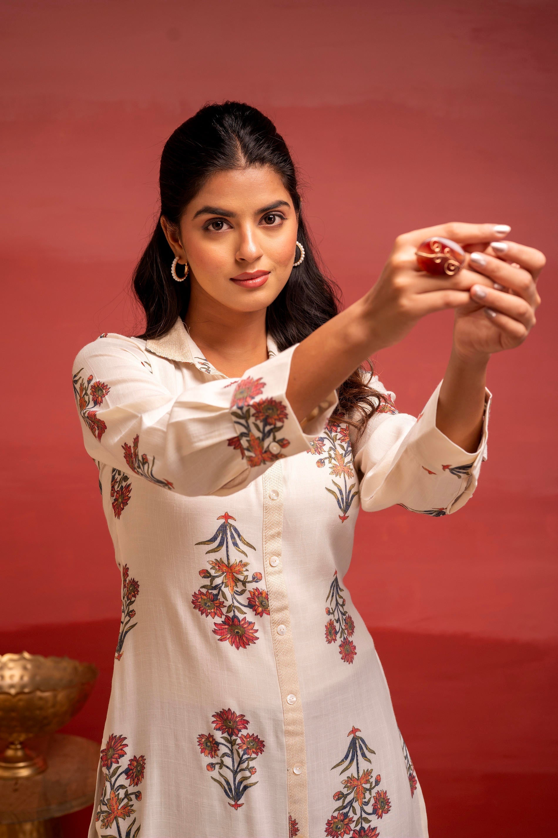 White Floral Printed Viscose Kurta with Button Detailing