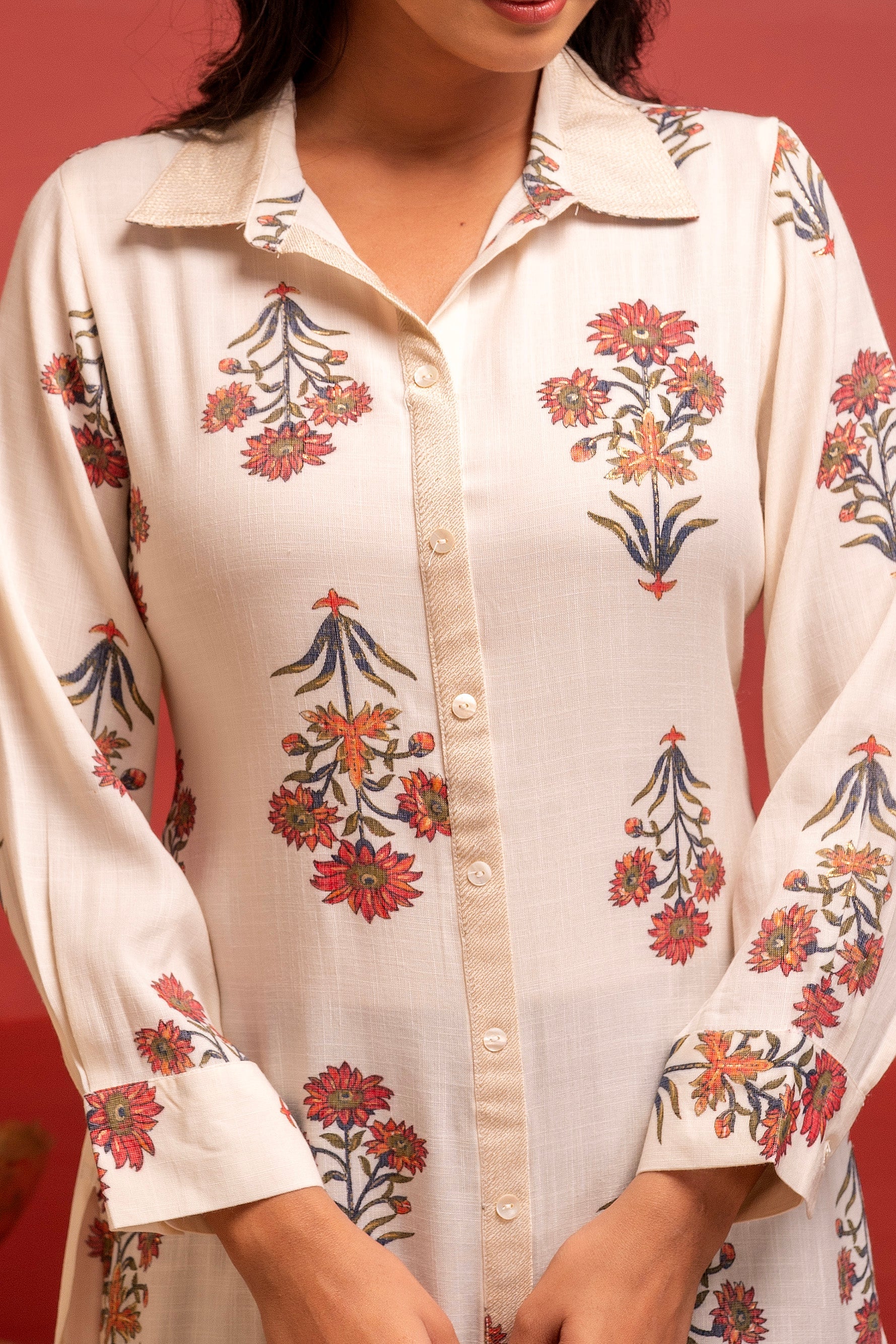 White Floral Printed Viscose Kurta with Button Detailing
