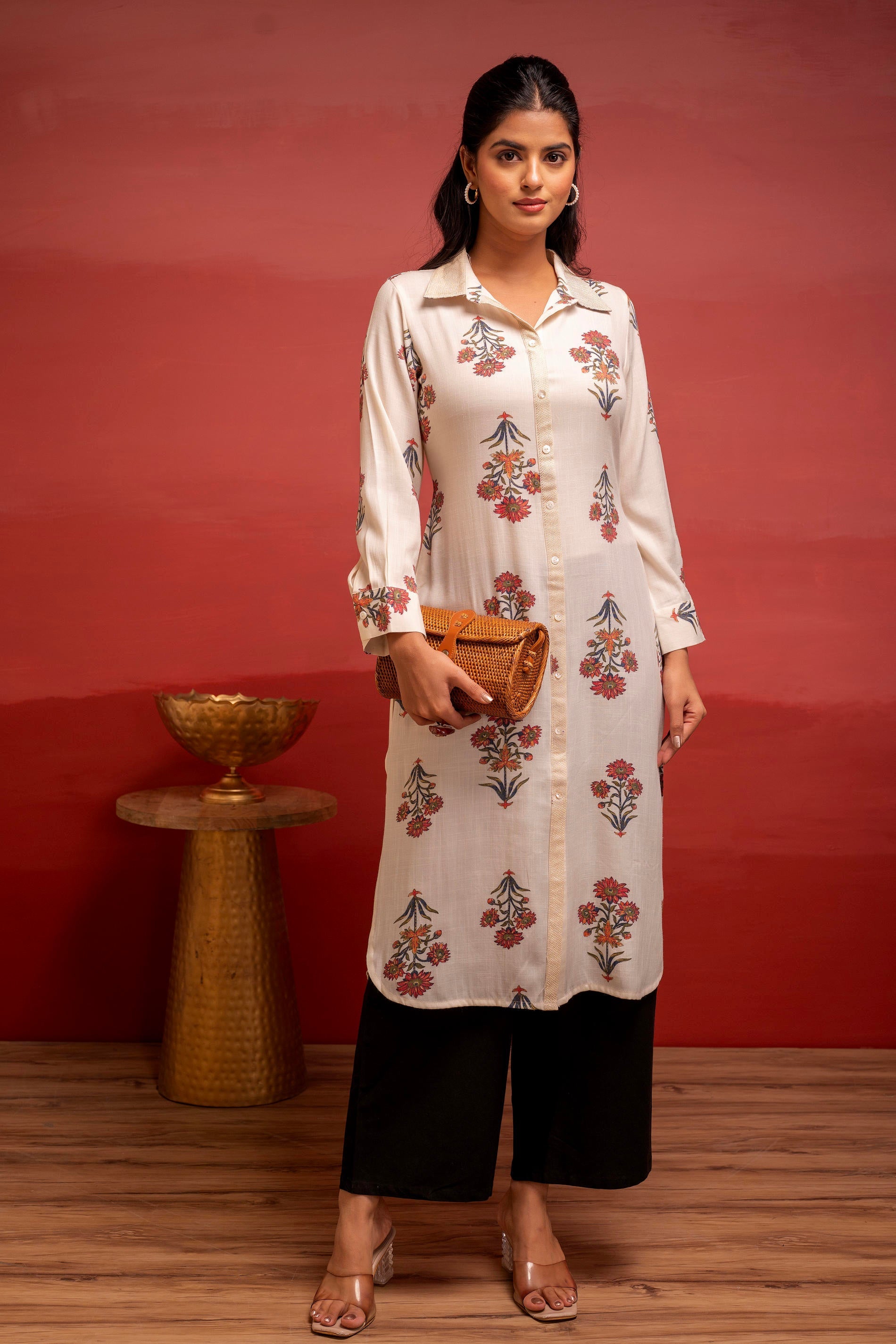 White Floral Printed Viscose Kurta with Button Detailing