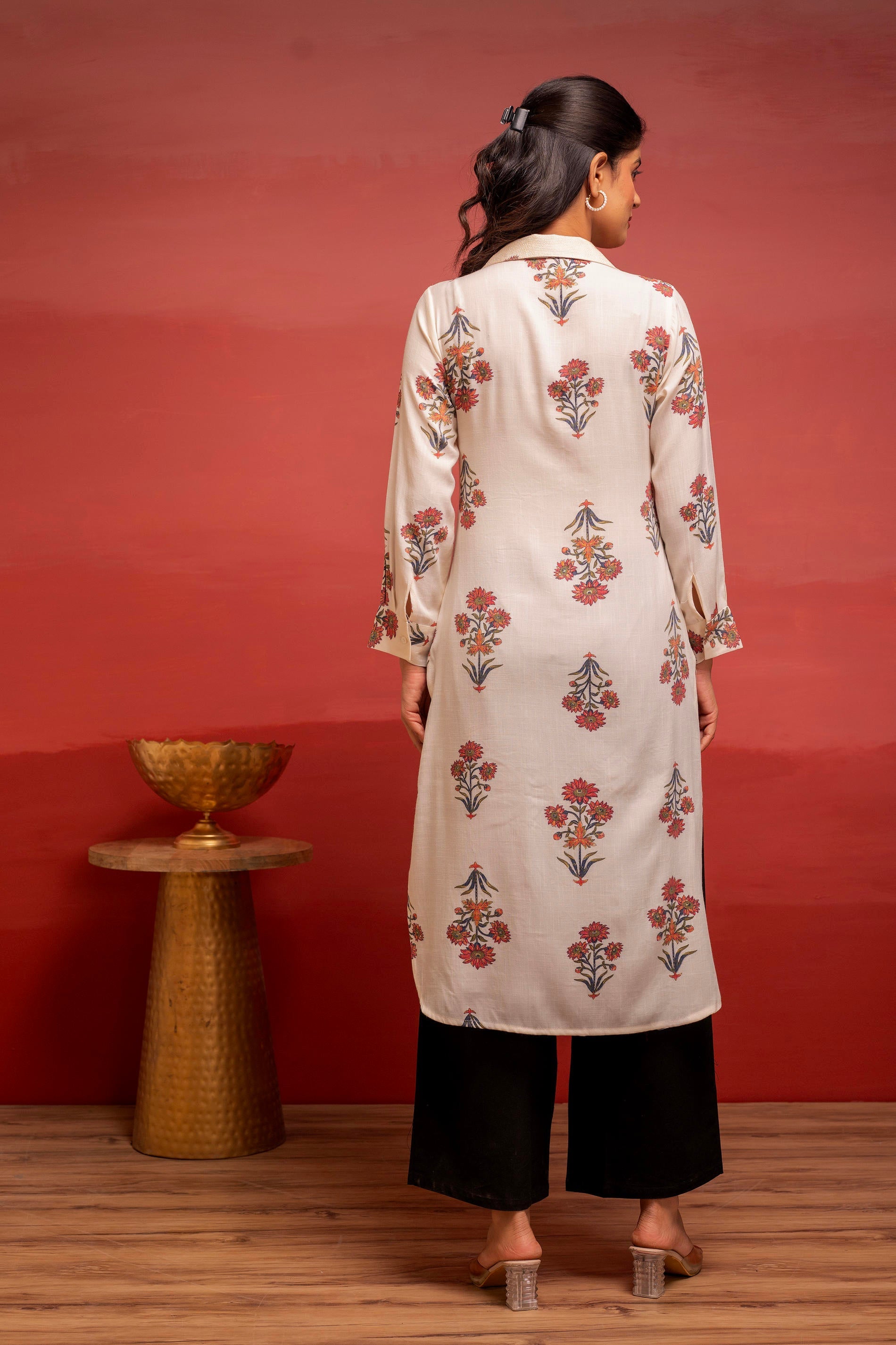 White Floral Printed Viscose Kurta with Button Detailing