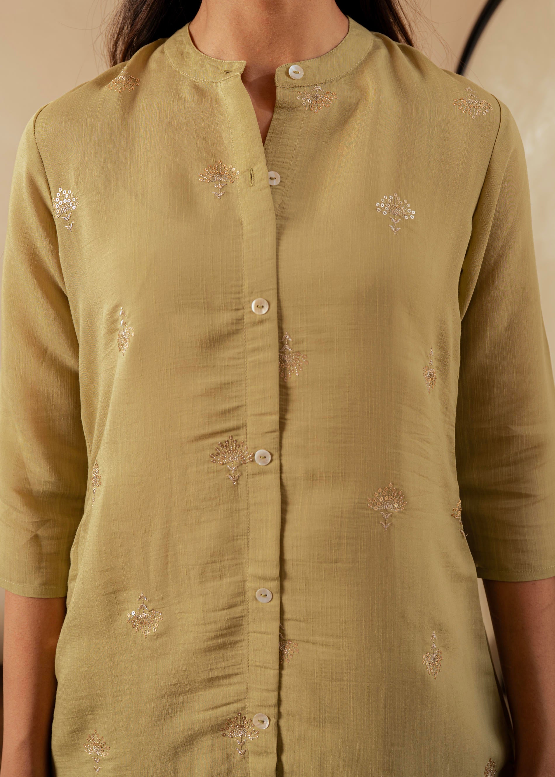 Sage Green Solid Viscose A-Line Kurta with Embroidery, Beads & Button Detailing