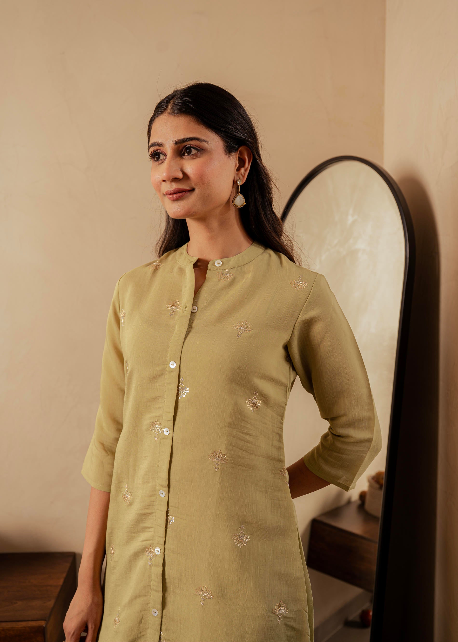 Sage Green Solid Viscose A-Line Kurta with Embroidery, Beads & Button Detailing