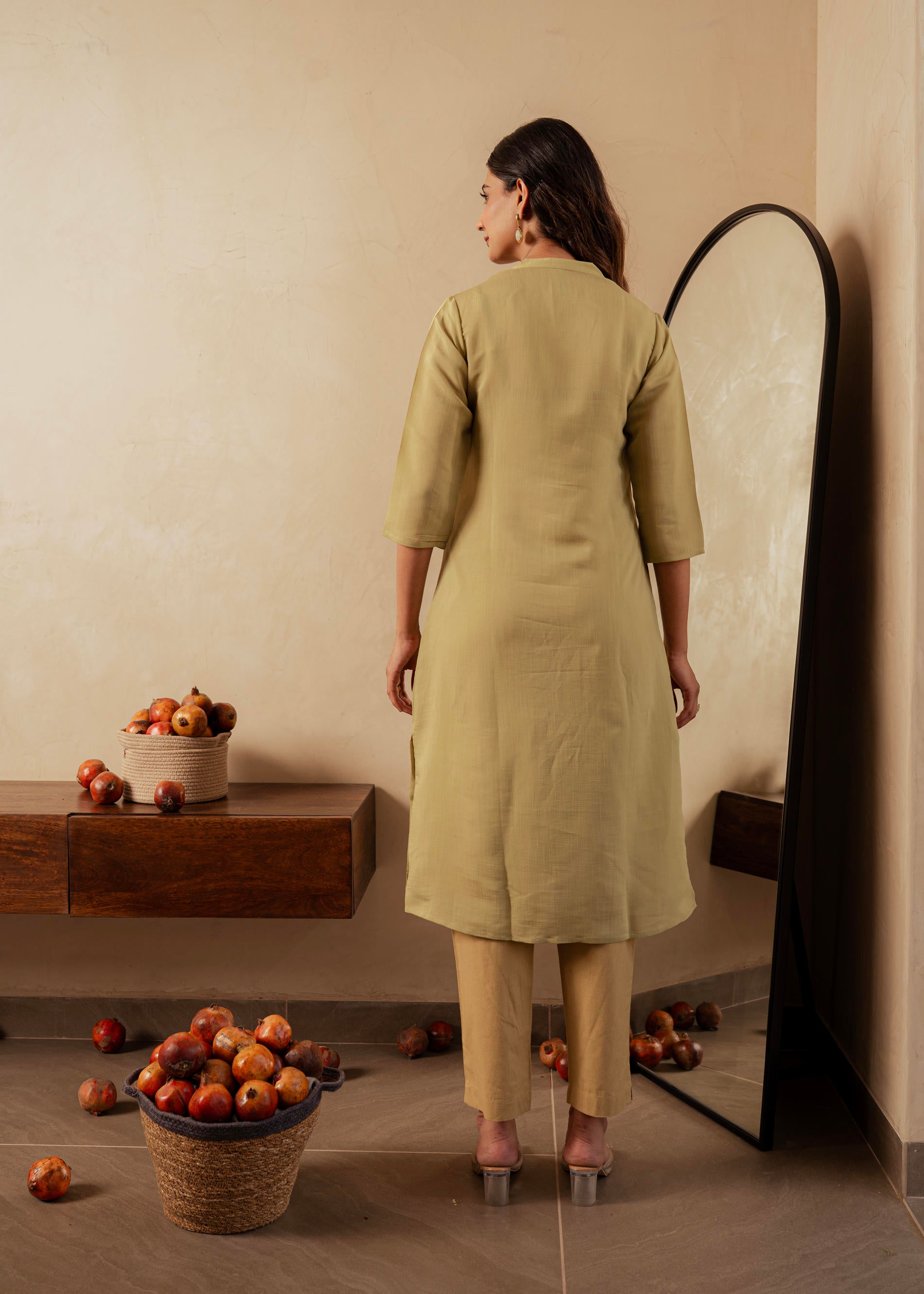 Sage Green Solid Viscose A-Line Kurta with Embroidery, Beads & Button Detailing