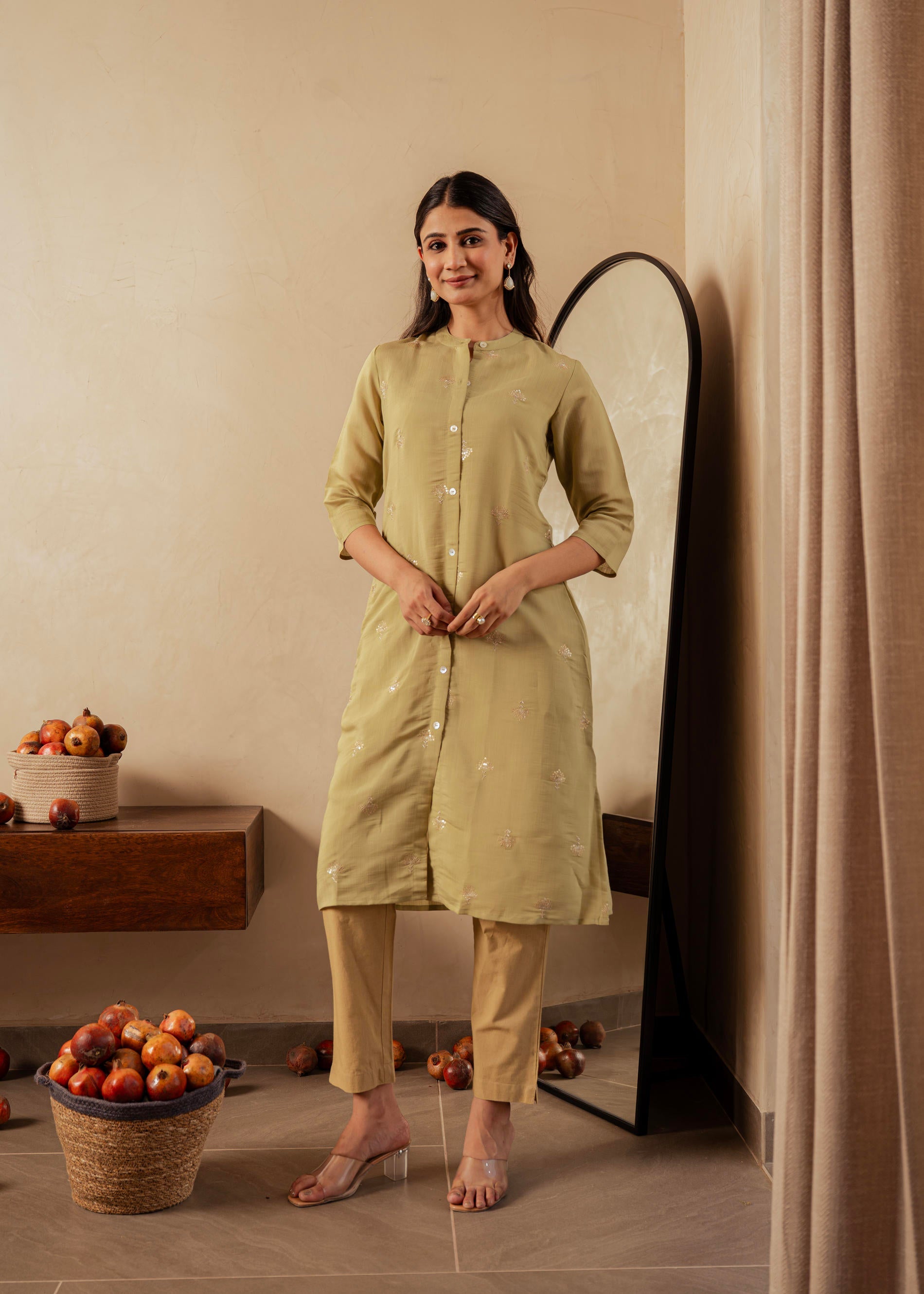Sage Green Solid Viscose A-Line Kurta with Embroidery, Beads & Button Detailing
