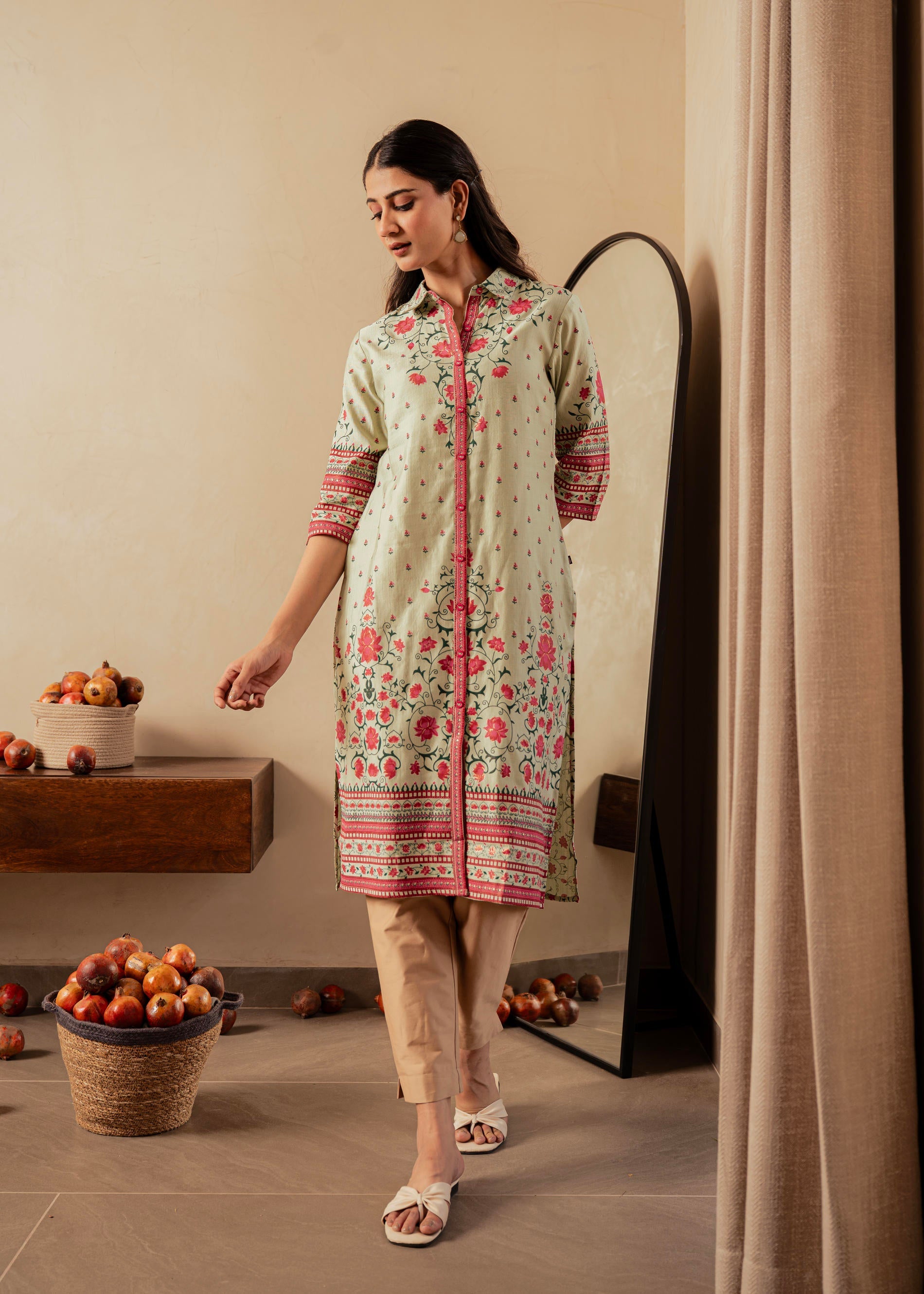 Sage Green Floral Printed Viscose Kurta with Button Detailing