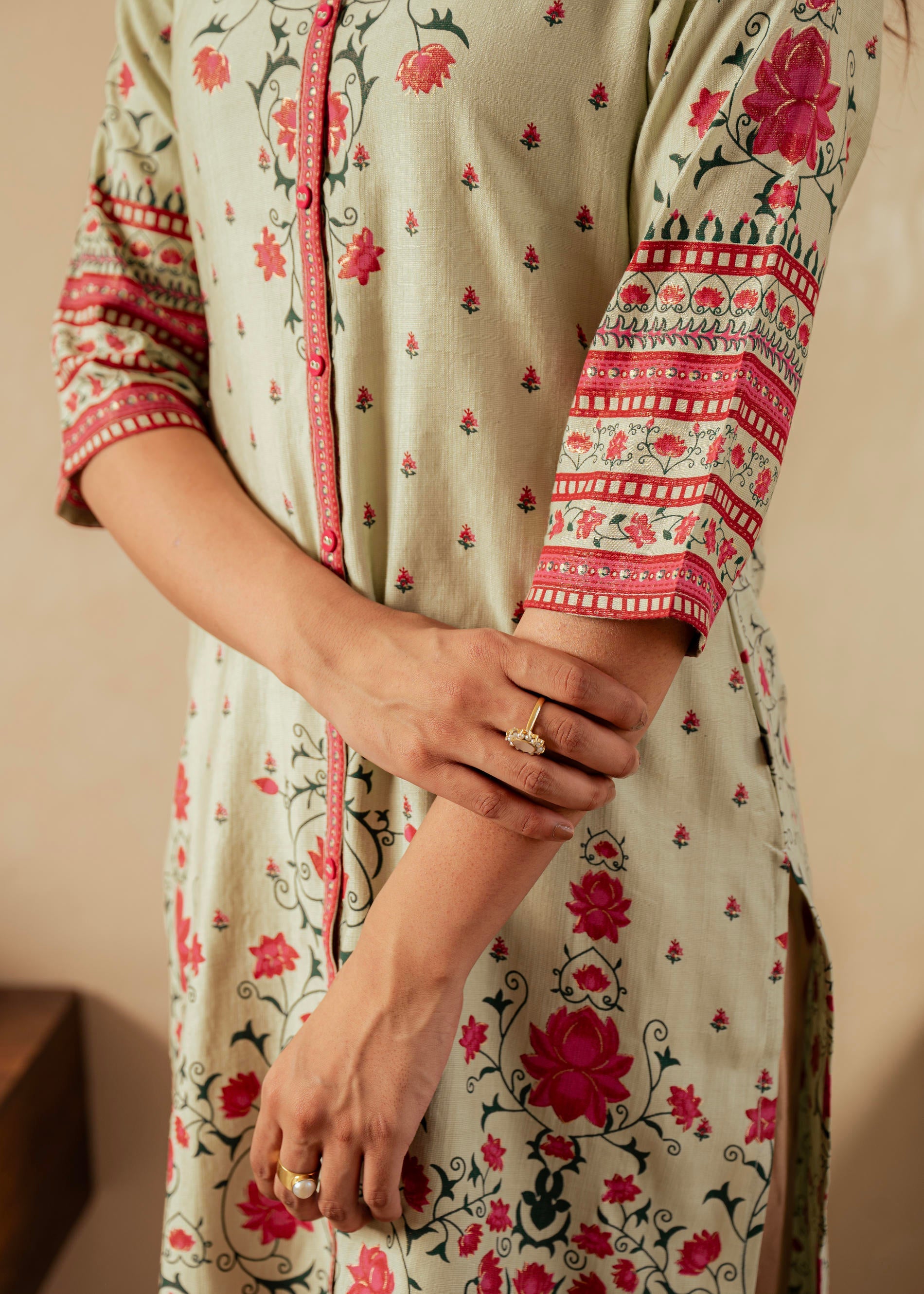 Sage Green Floral Printed Viscose Kurta with Button Detailing
