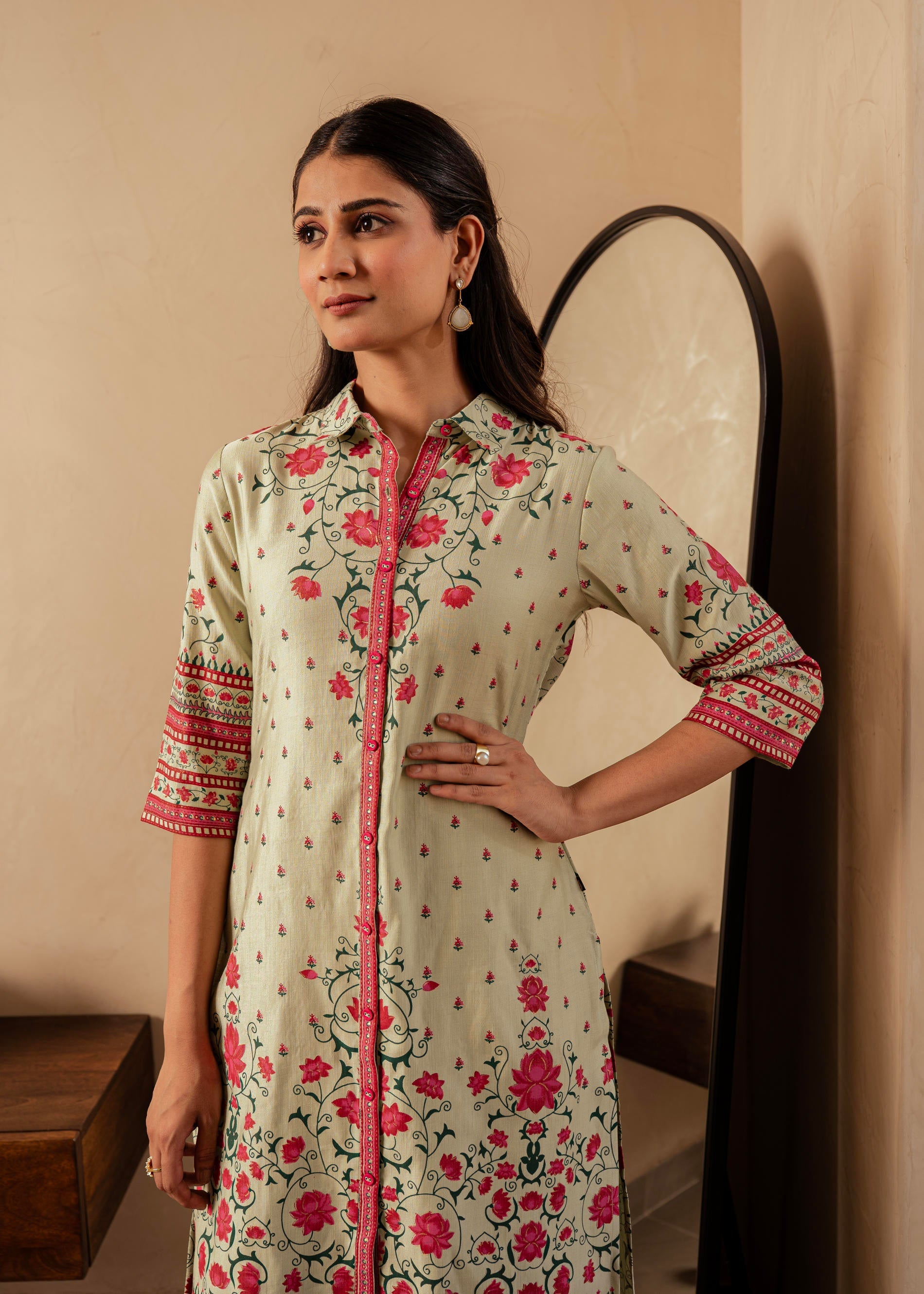 Sage Green Floral Printed Viscose Kurta with Button Detailing