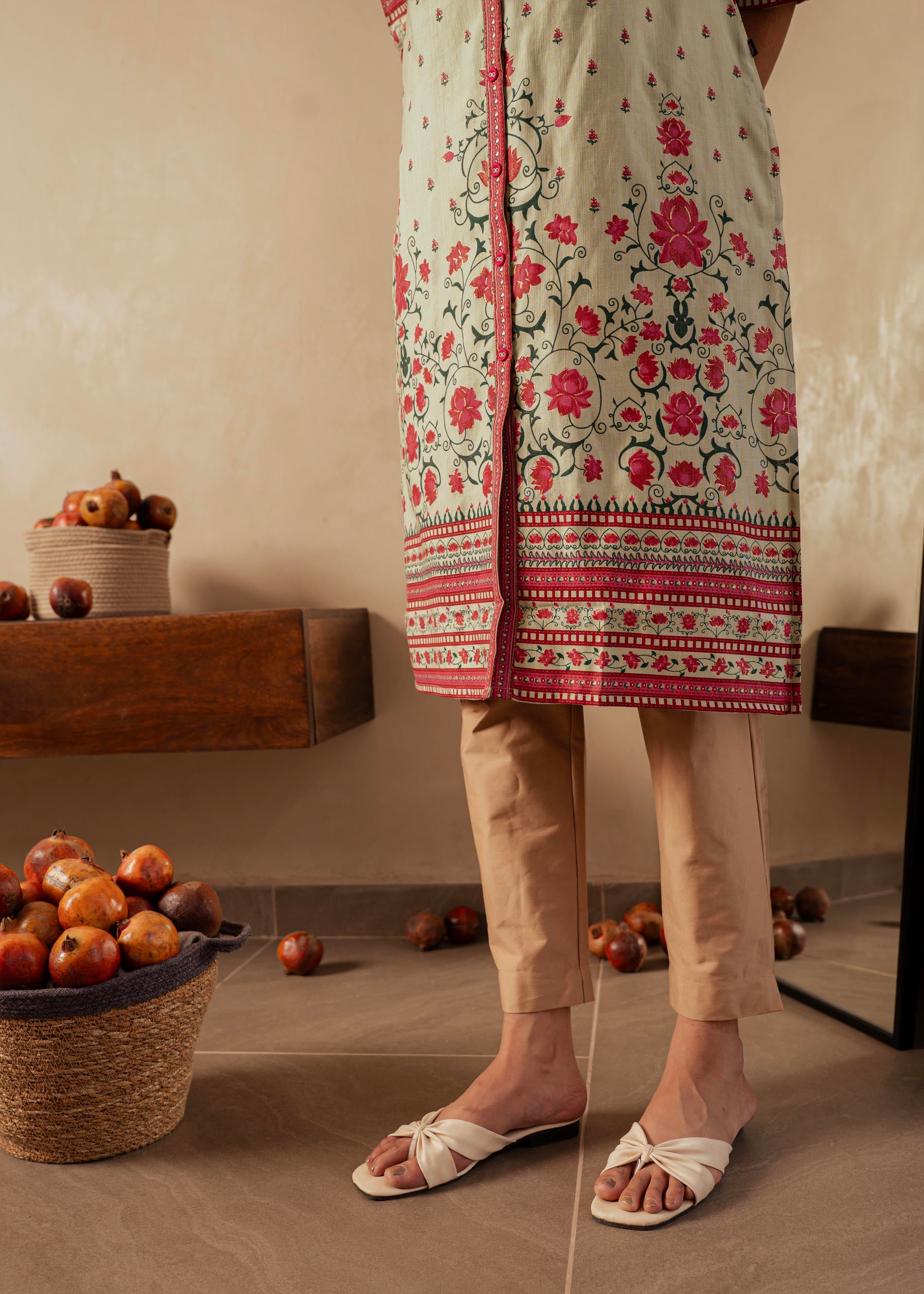 Sage Green Floral Printed Viscose Kurta with Button Detailing