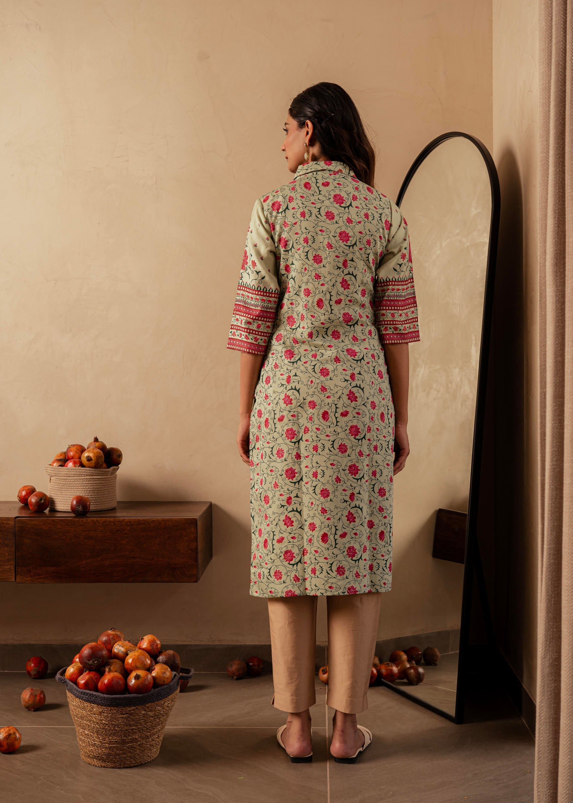 Sage Green Floral Printed Viscose Kurta with Button Detailing