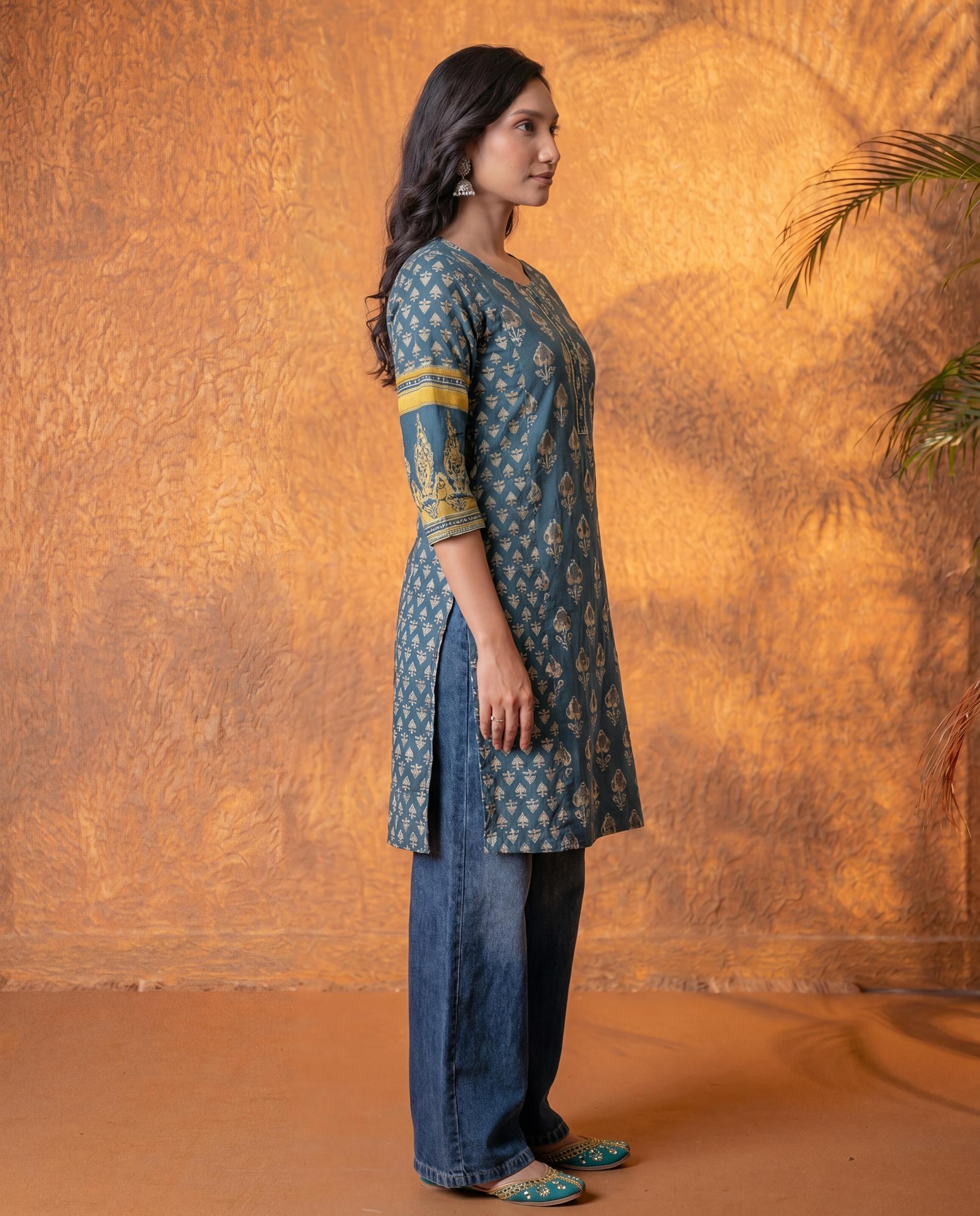 Teal Baag Handblock Straight Kurta