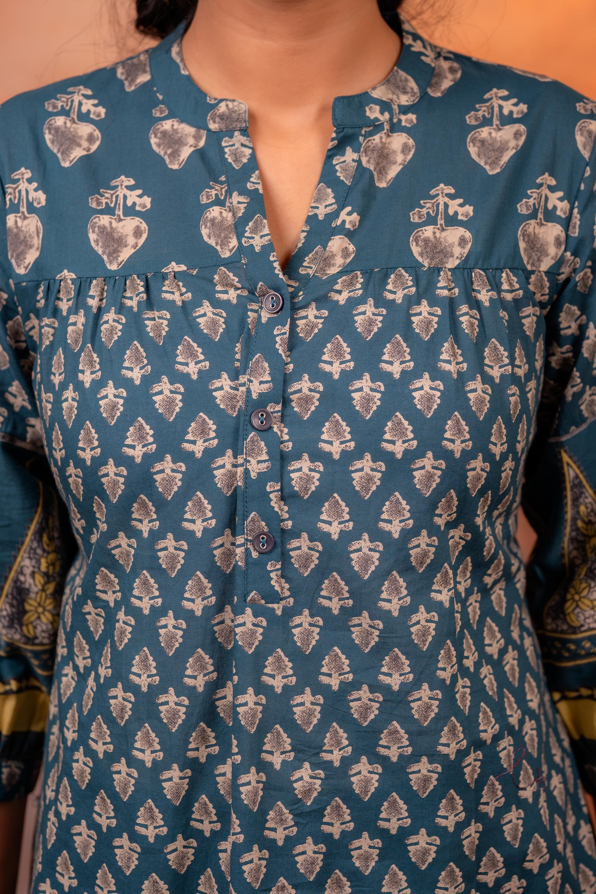 Teal Ethnic Buti Printed Cotton Tunic