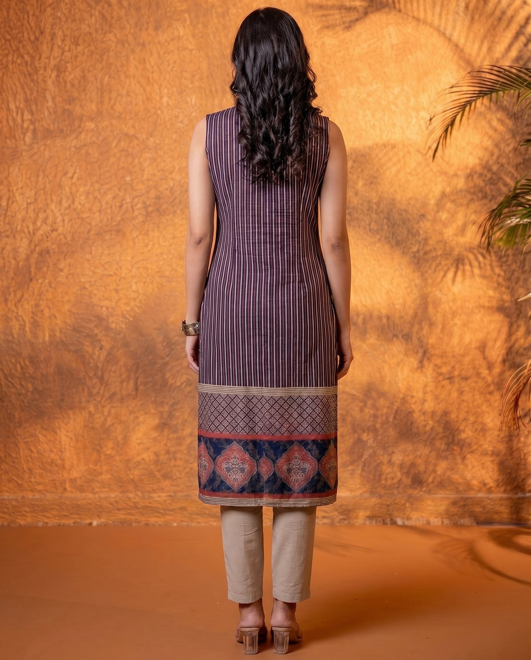 Teal Heritage Stripe Sleeveless Kurta