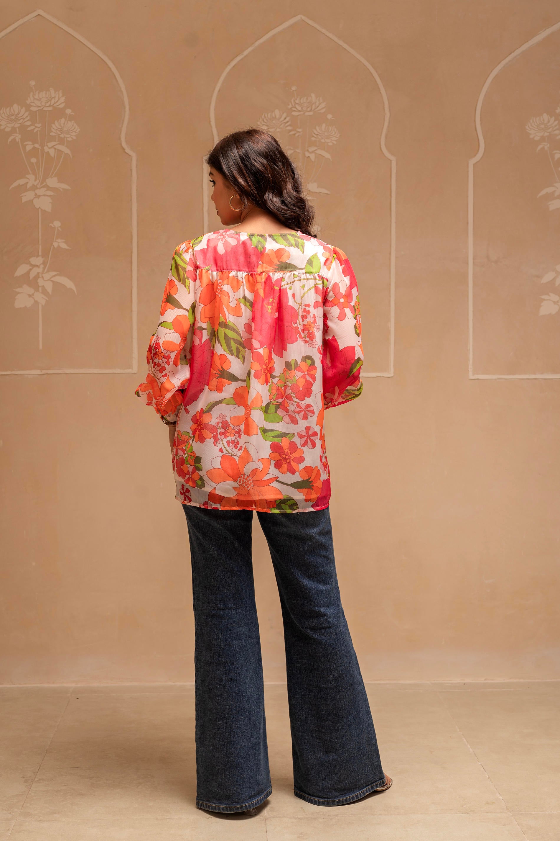 Man Made Fiber Floral Printed Tunic With Button Details