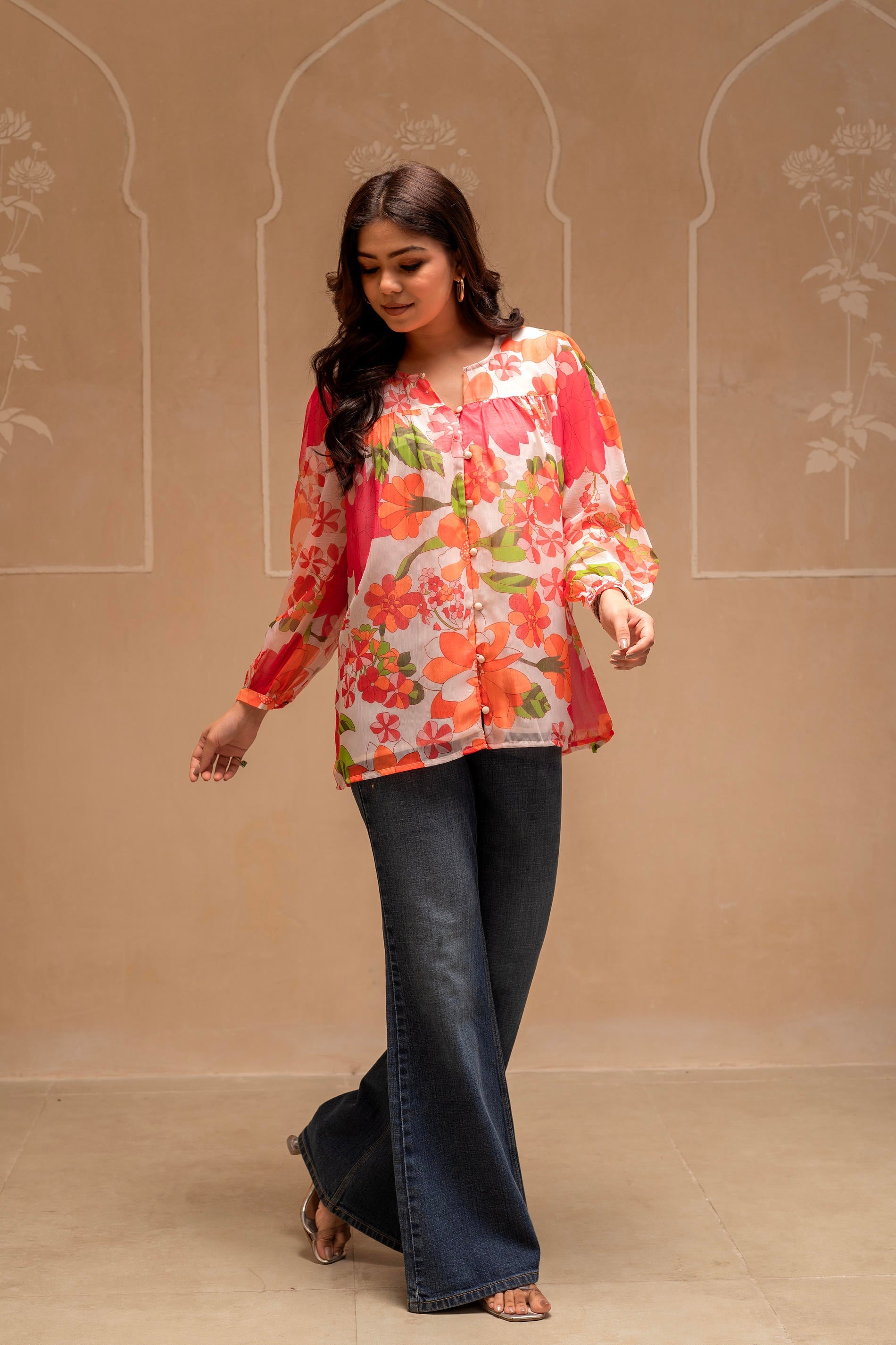 Man Made Fiber Floral Printed Tunic With Button Details