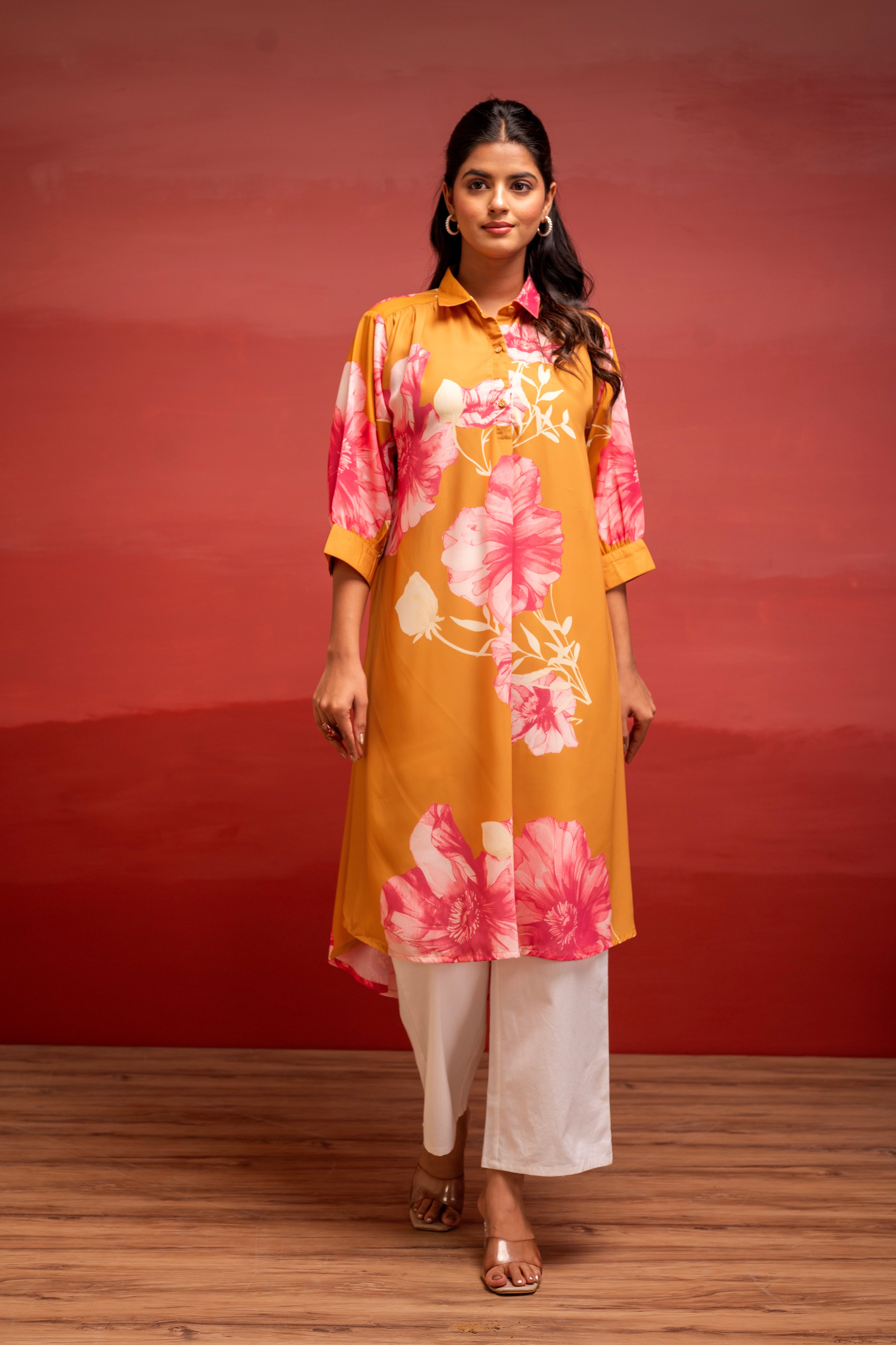 Mustard Floral Printed A-Line Kurta with Button Detailing