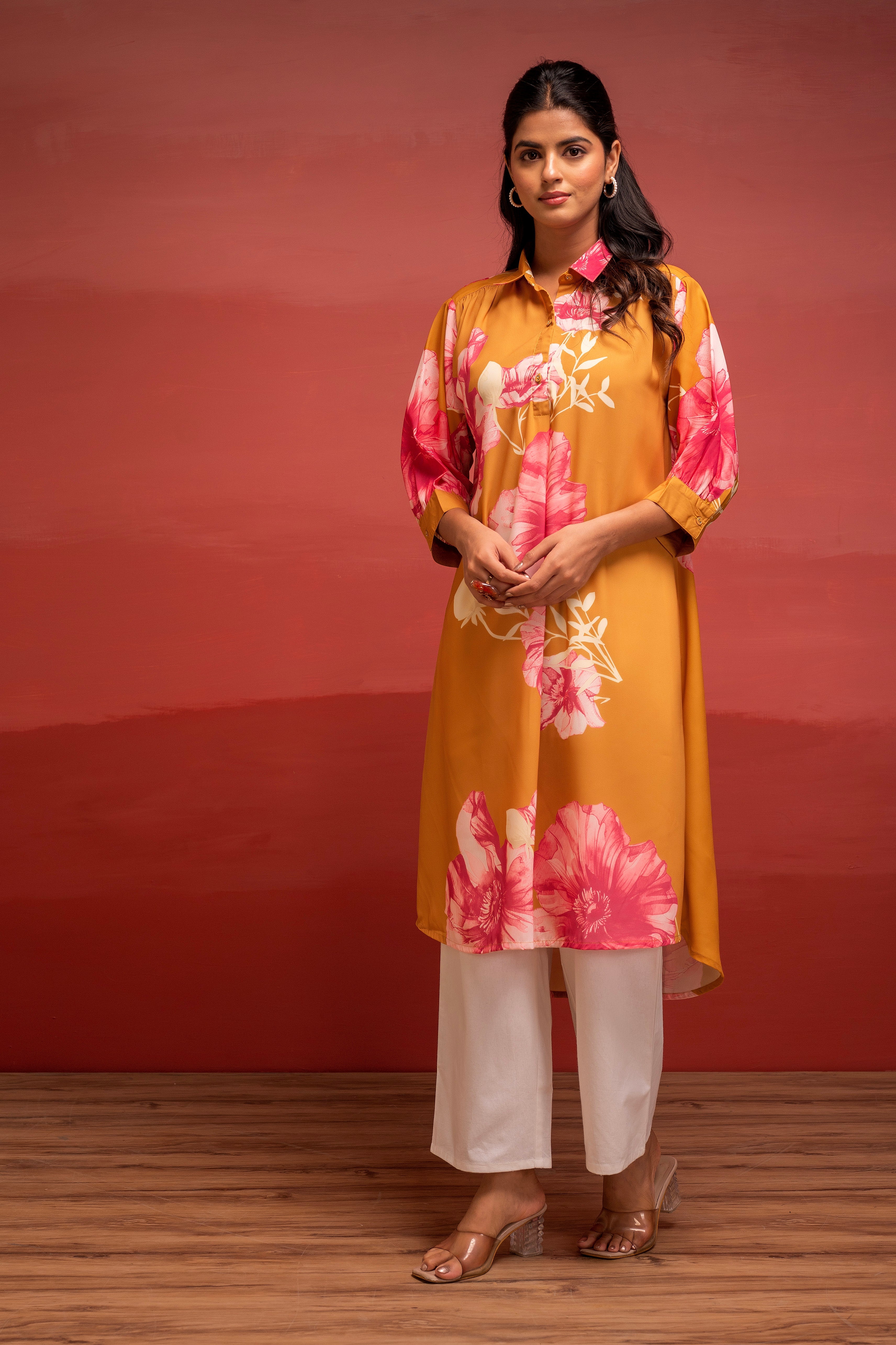 Mustard Floral Printed A-Line Kurta with Button Detailing