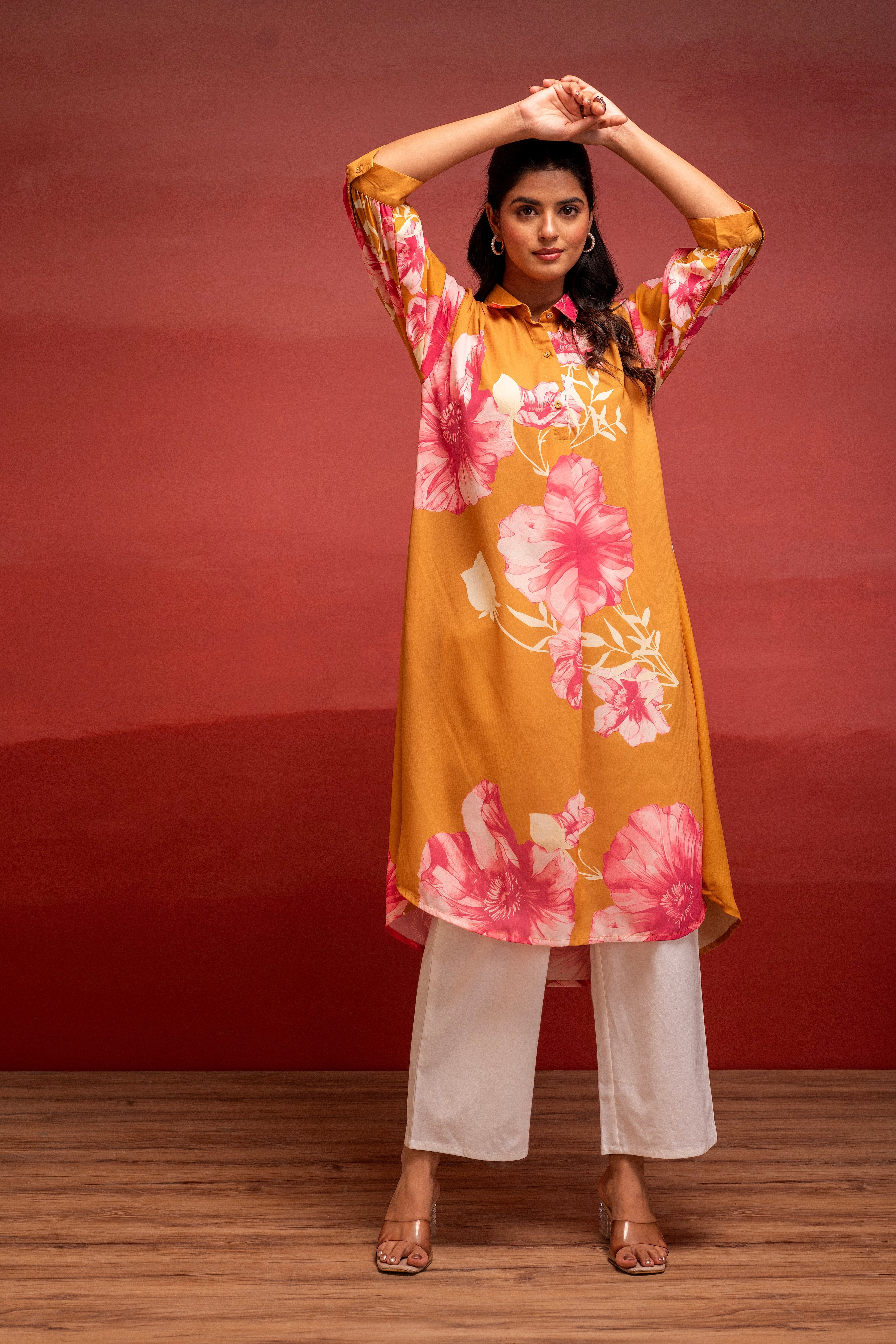 Mustard Floral Printed A-Line Kurta with Button Detailing