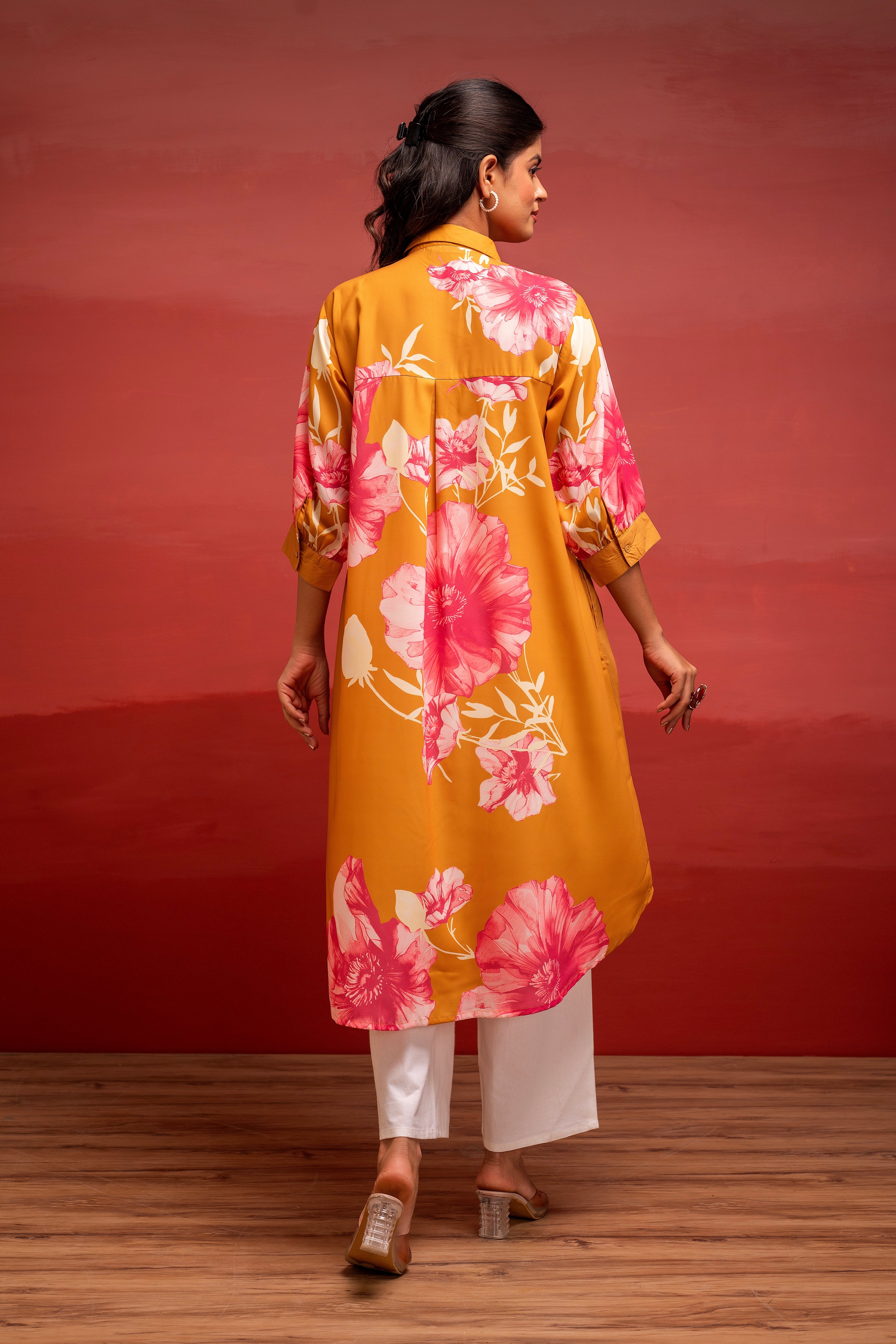 Mustard Floral Printed A-Line Kurta with Button Detailing