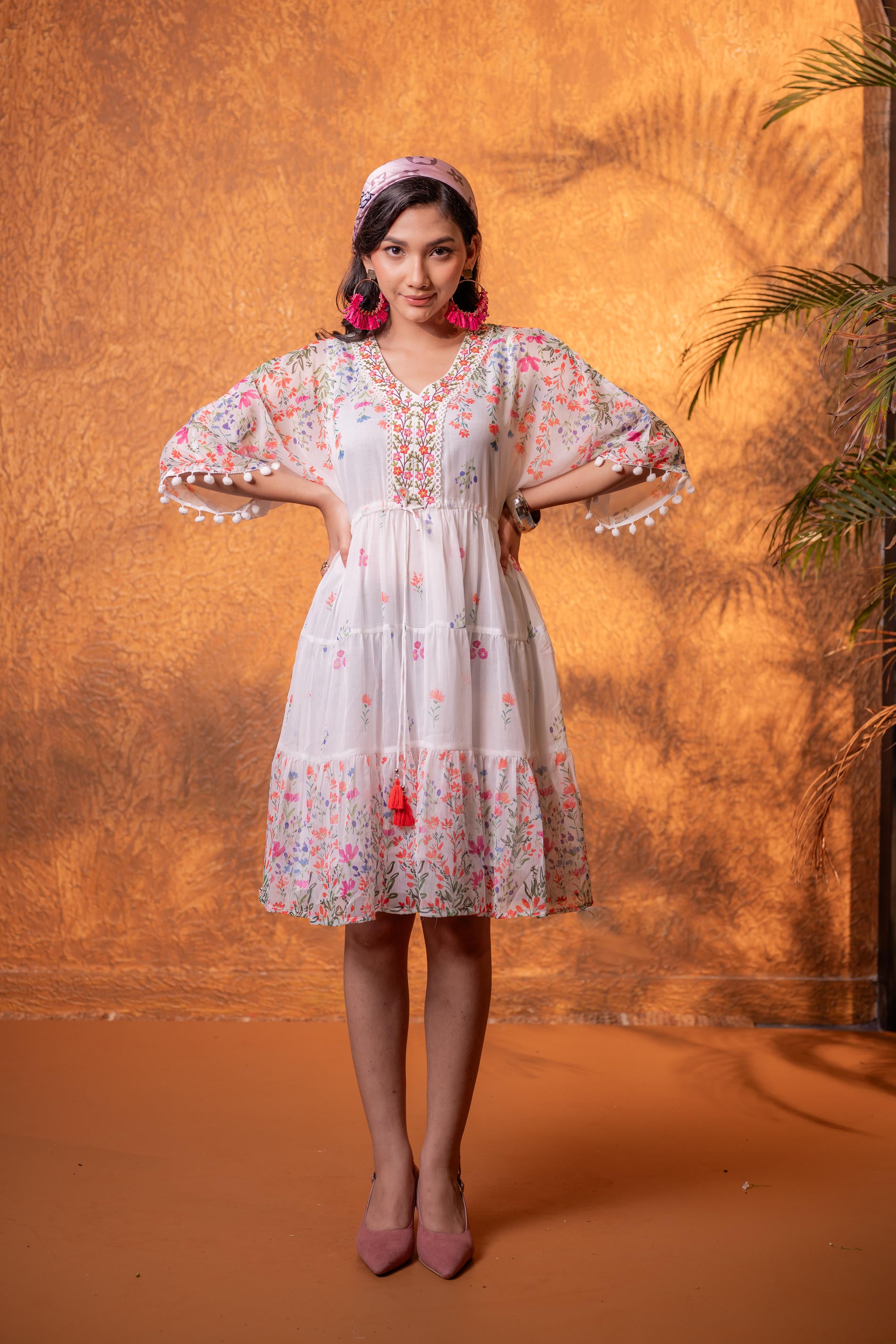 White Floral Printed Fit & Flare Short Dress