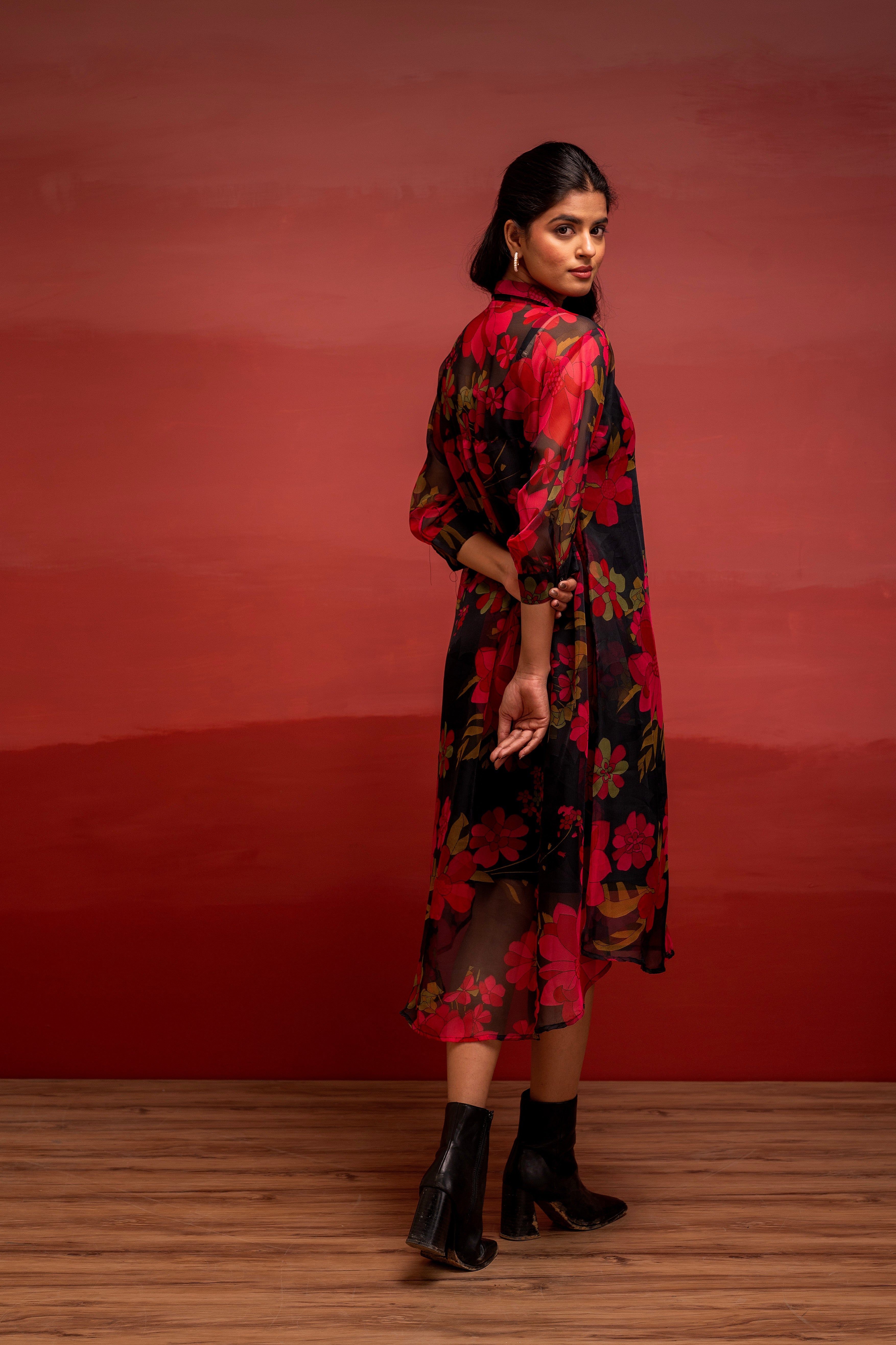 Black Floral Printed A-Line Kurta with Inner and Button Detailing