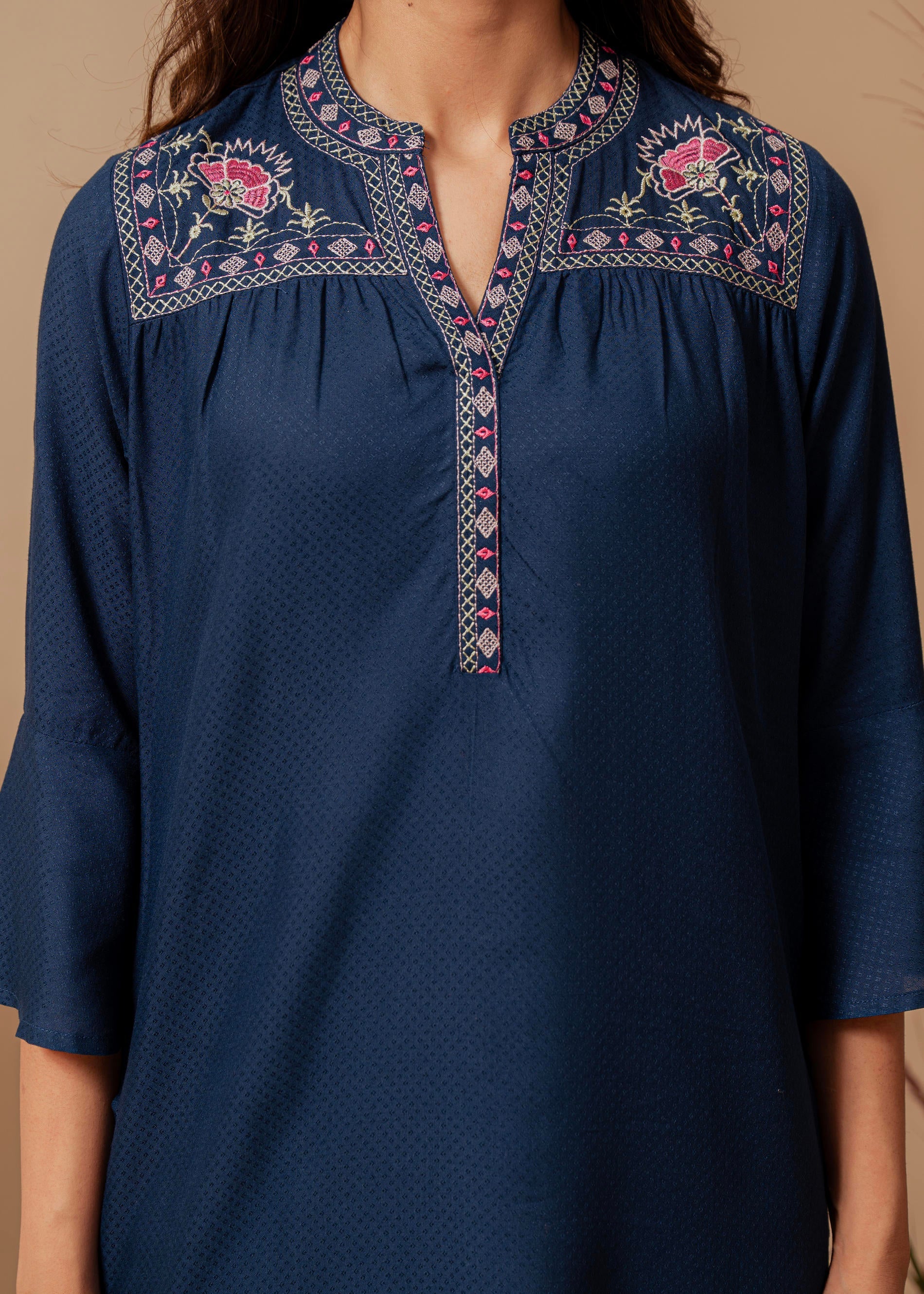 Midnight Blue Solid Viscose Tunic with Thread Work