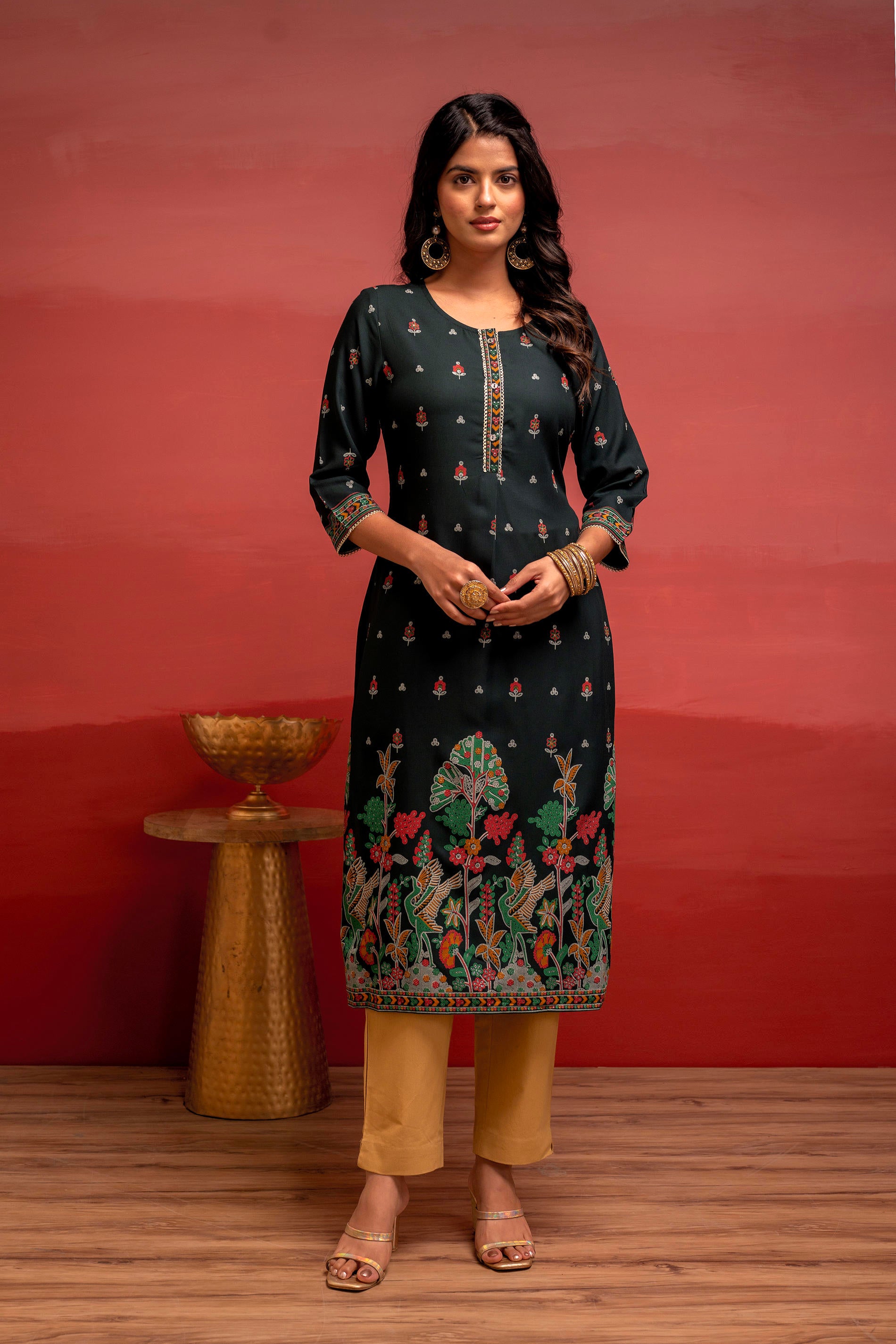 Dark Green Festive Straight Kurta with Heritage Motifs