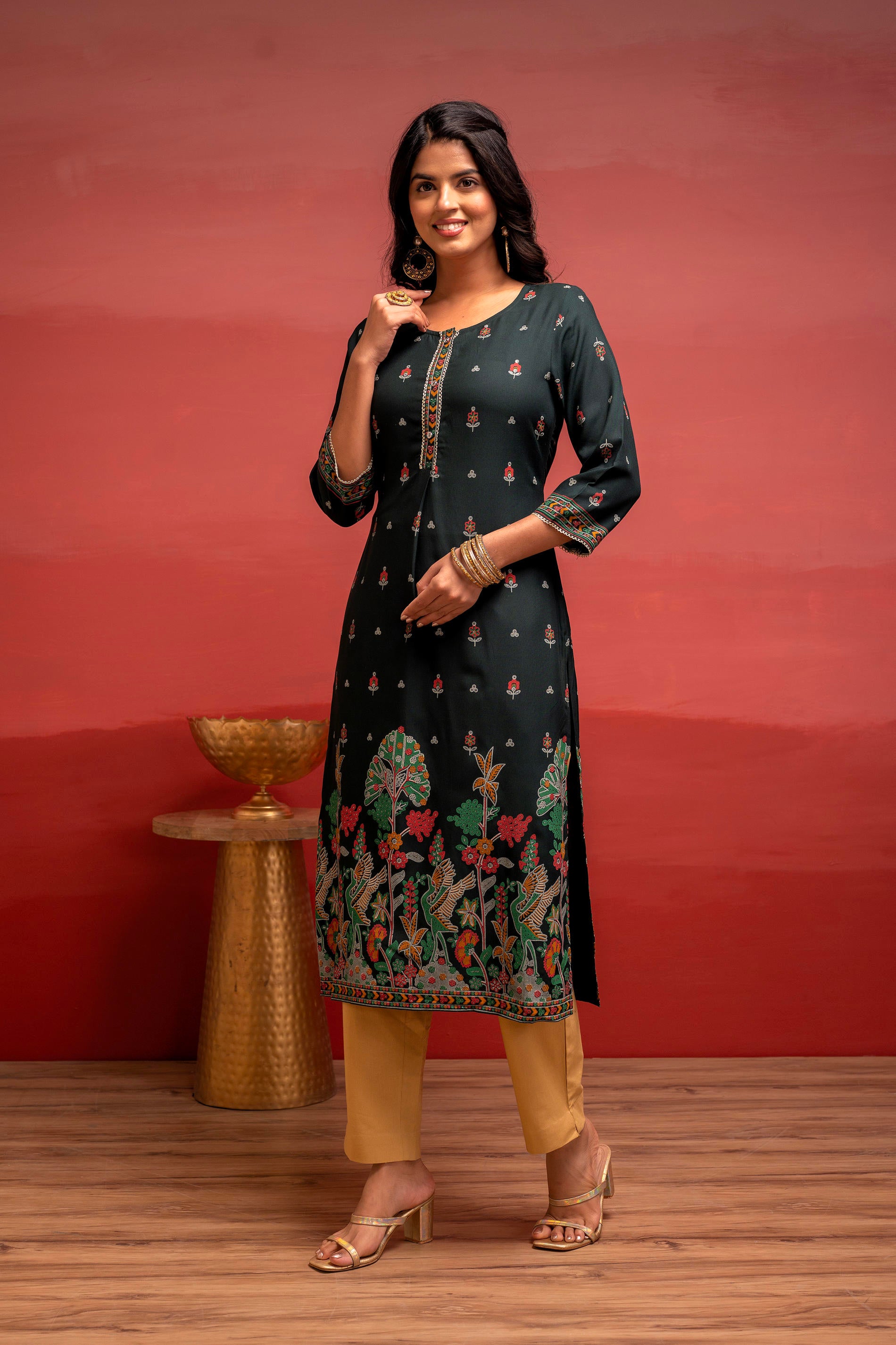 Dark Green Festive Straight Kurta with Heritage Motifs