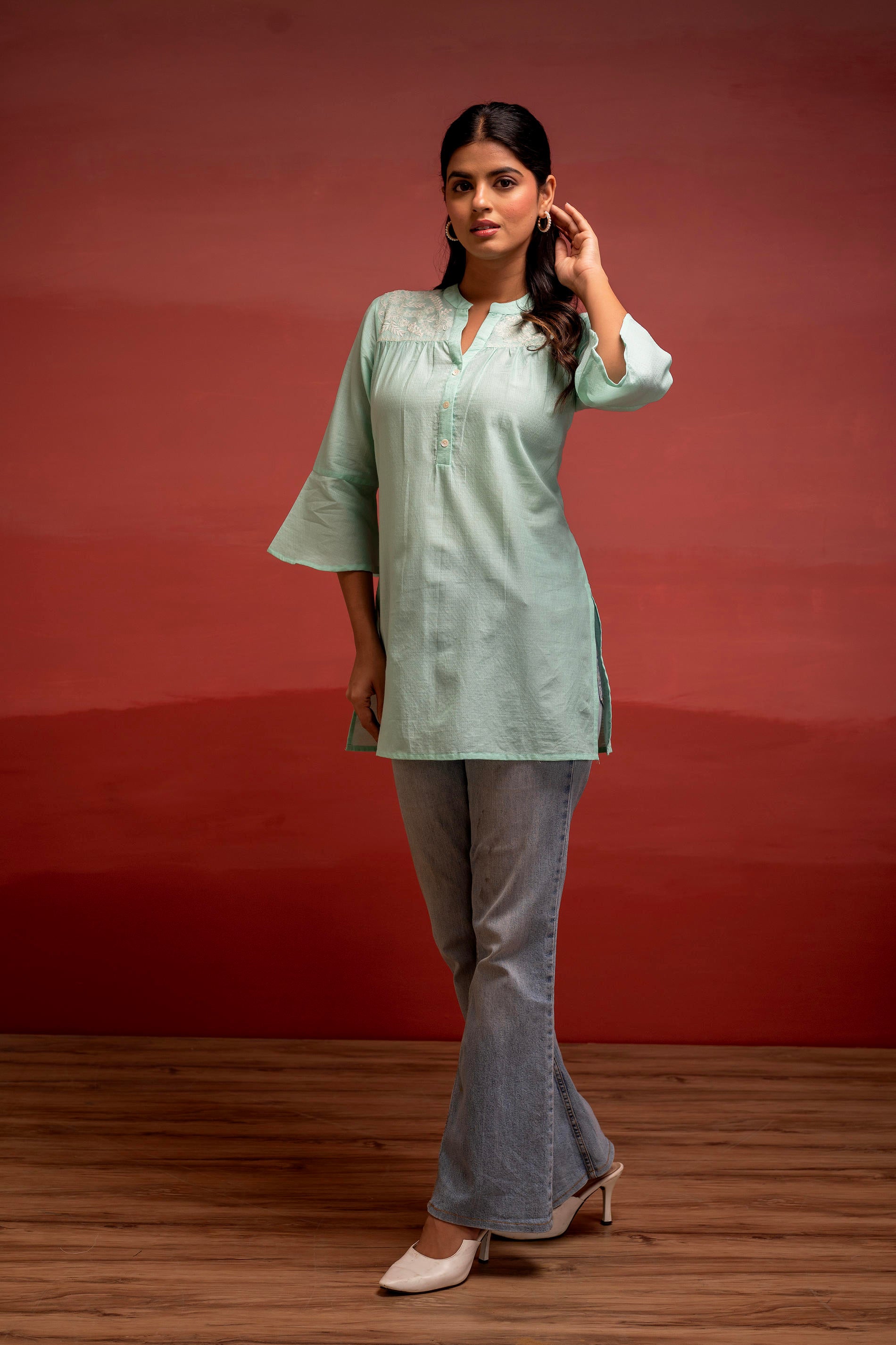 Mint Solid Cotton Straight Tunic with Thread Work and Button Detailing