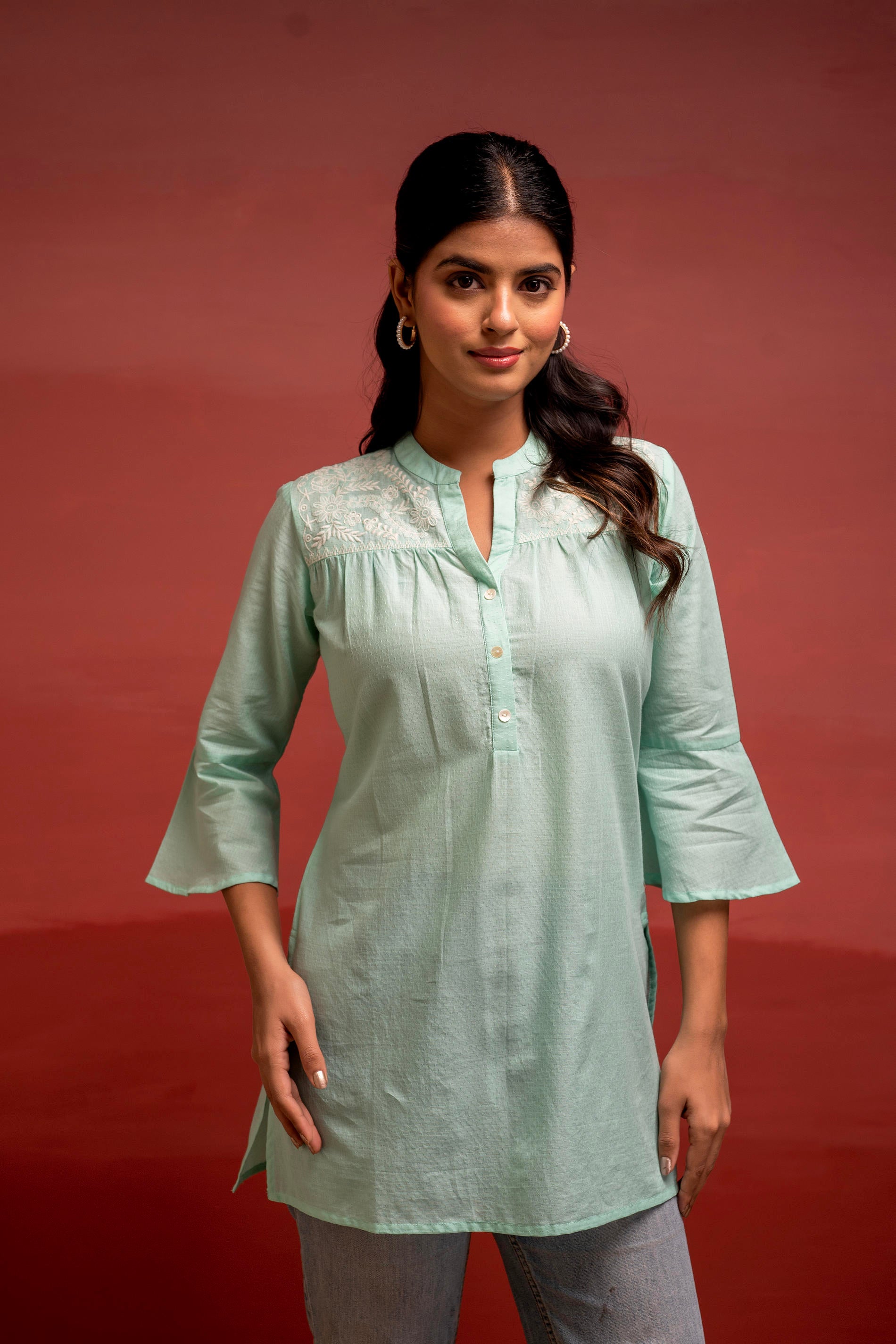 Mint Solid Cotton Straight Tunic with Thread Work and Button Detailing